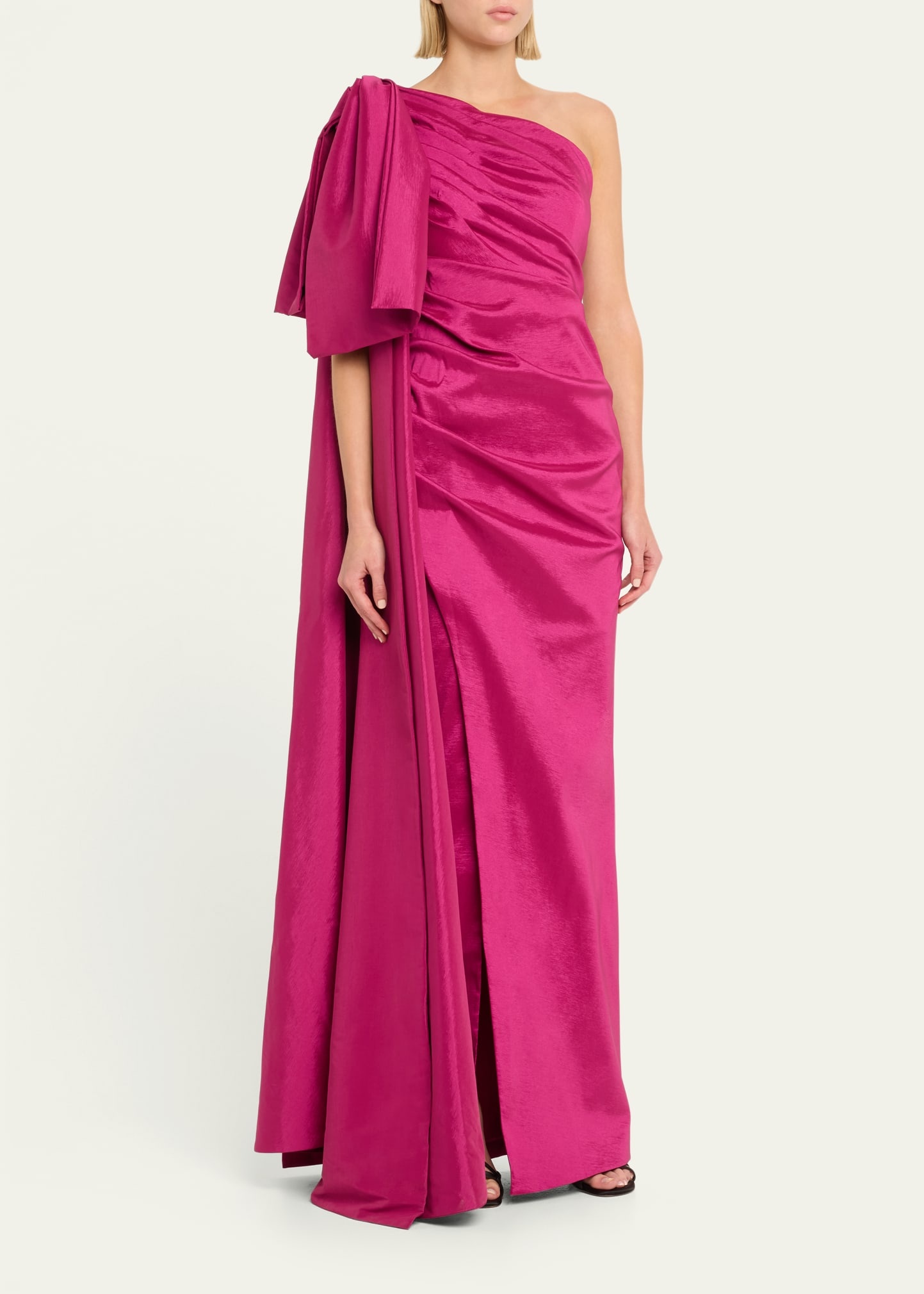 Alessandra Ruched One-Shoulder Bow Column Gown - 4