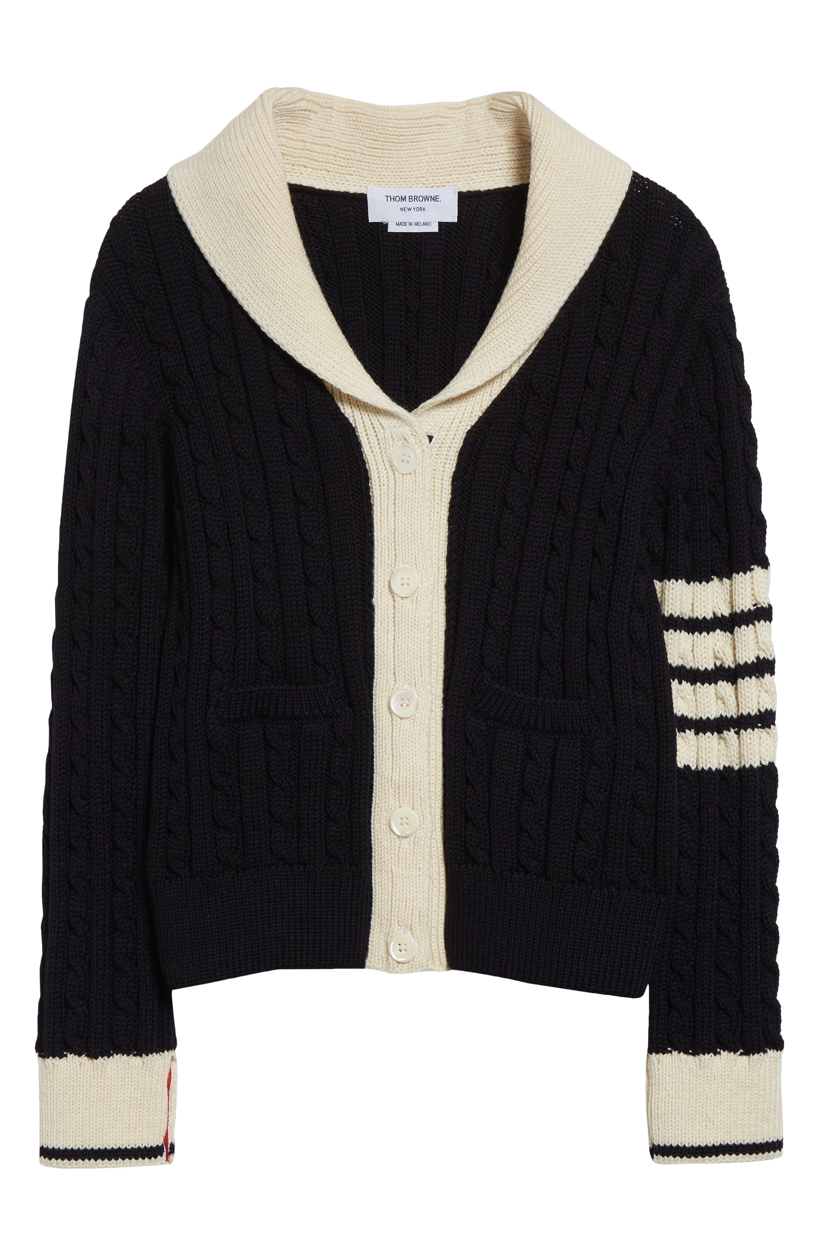 Thom Browne 4-Bar Cable Knit Virgin Wool Shawl Cardigan in Navy at Nordstrom - 6