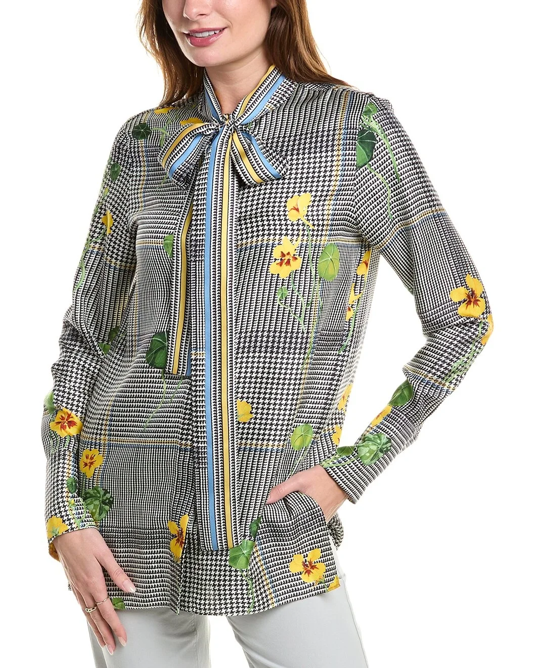 Oscar de la Renta Nasturtium Plaid Silk Twill Tie Shirt - 1