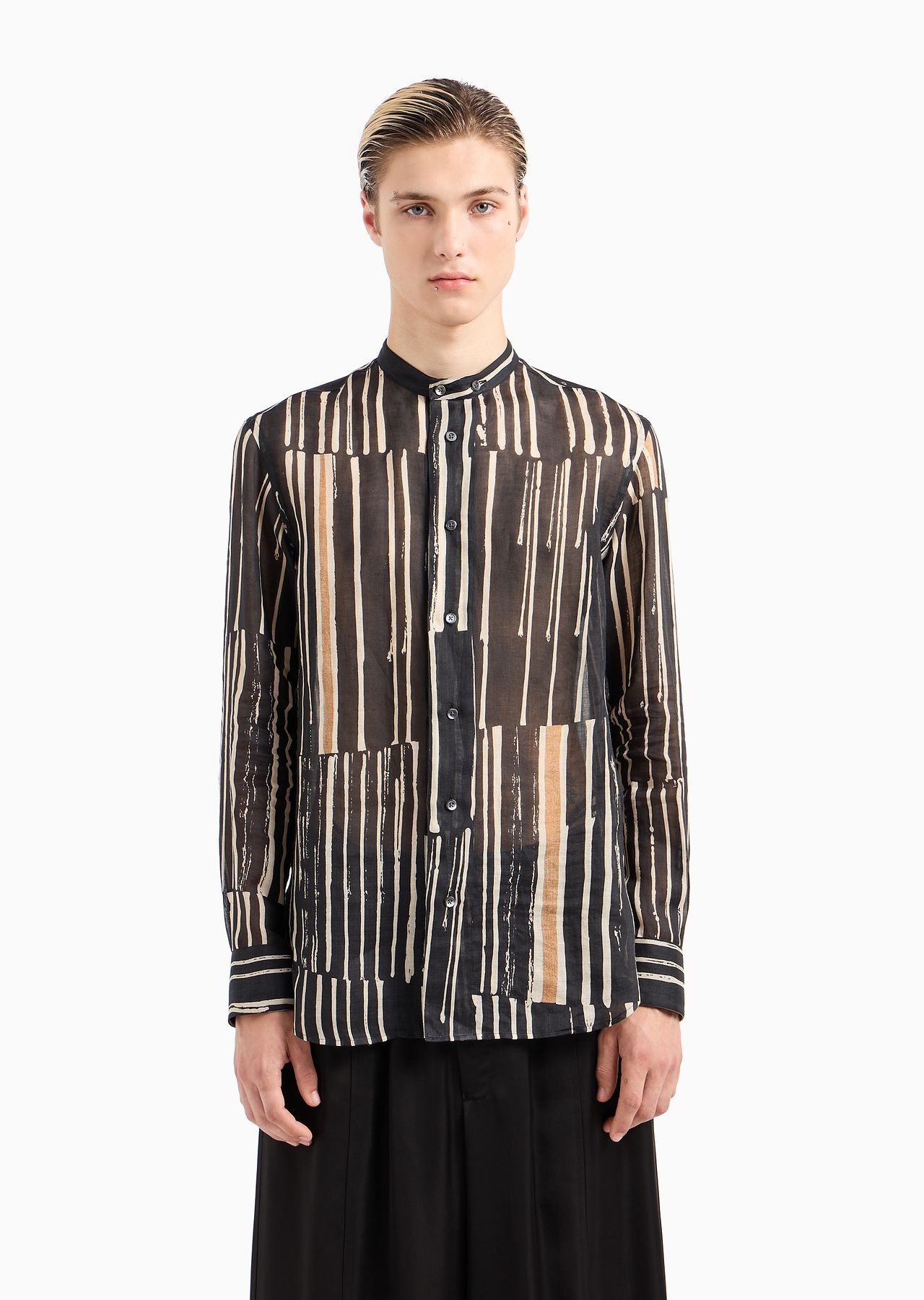 Printed ramie shirt with guru collar - 2