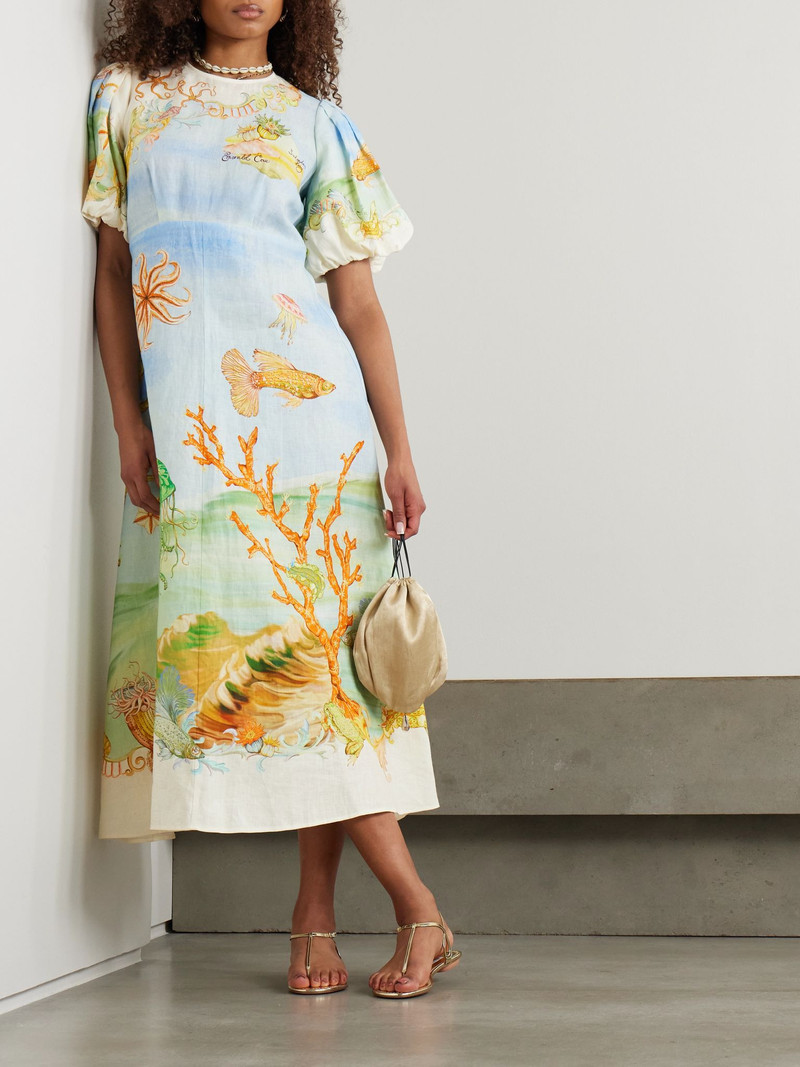 ALÉMAIS + Sam Pauletto Emerald Cove gathered printed linen-gauze midi dress Blue outlook