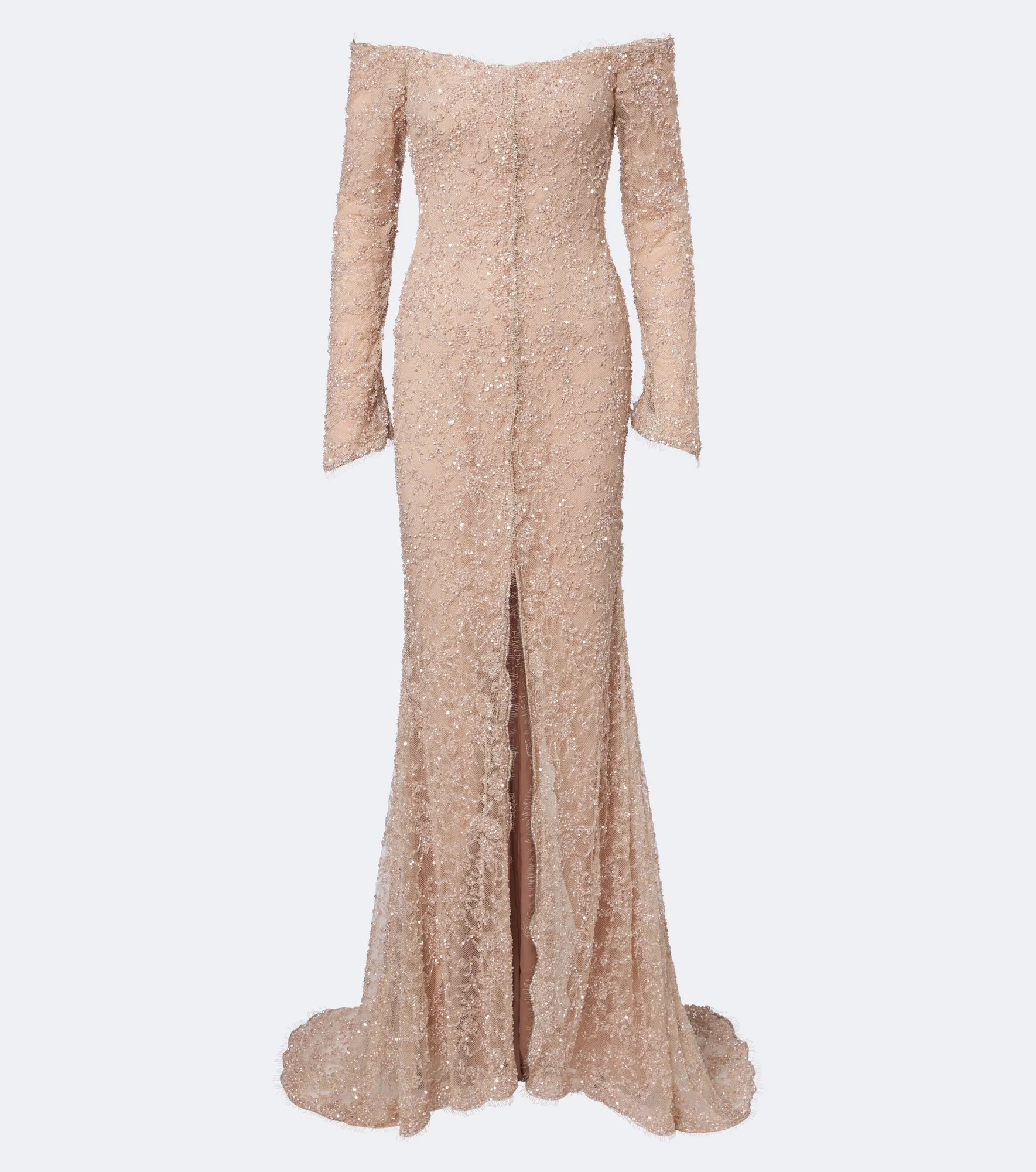 Embellished off-shoulder lace gown - 1