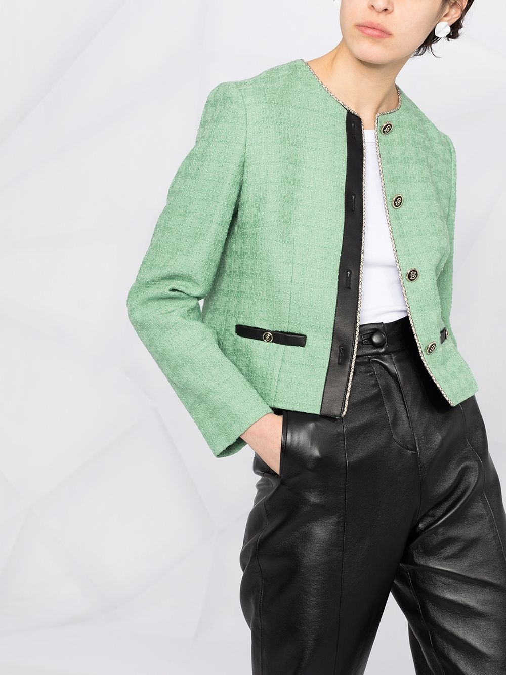 leather-trim tweed jacket - 3