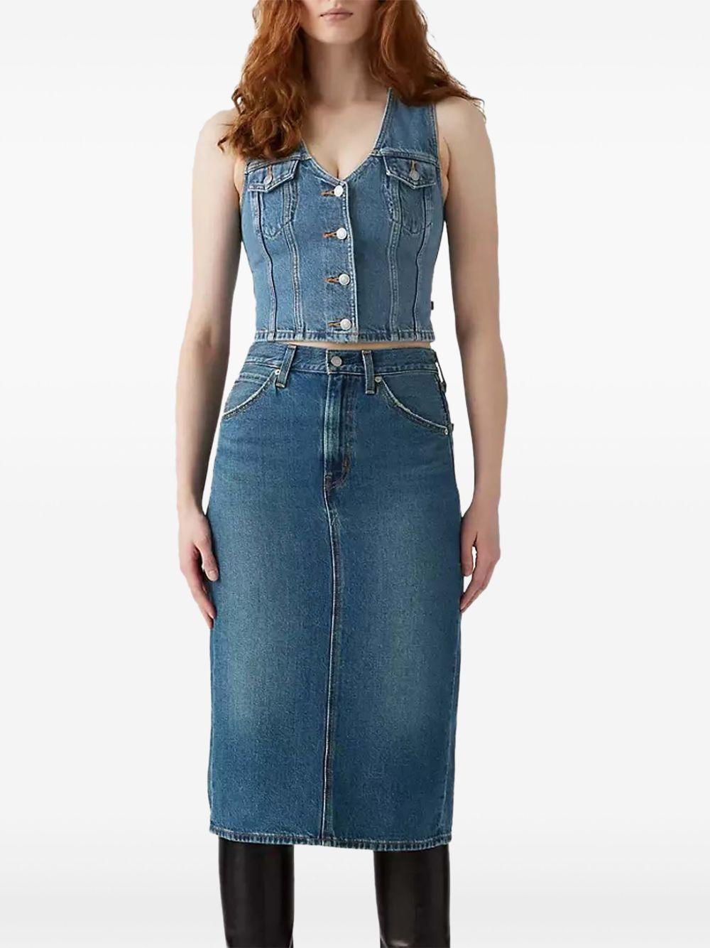 back-slit denim midi skirt - 2