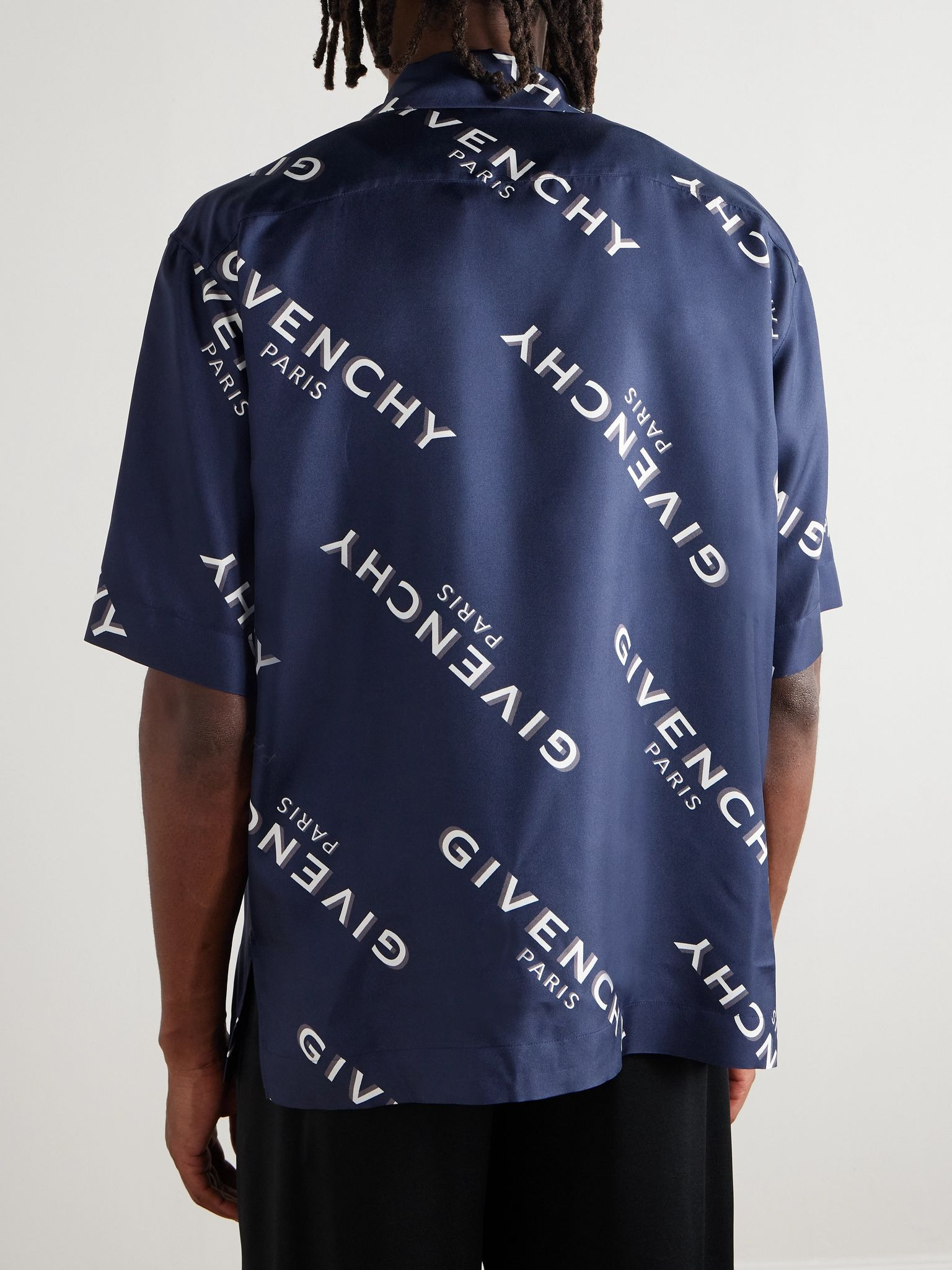 Convertible-Collar Logo-Print Silk-Twill Shirt Navy - 4