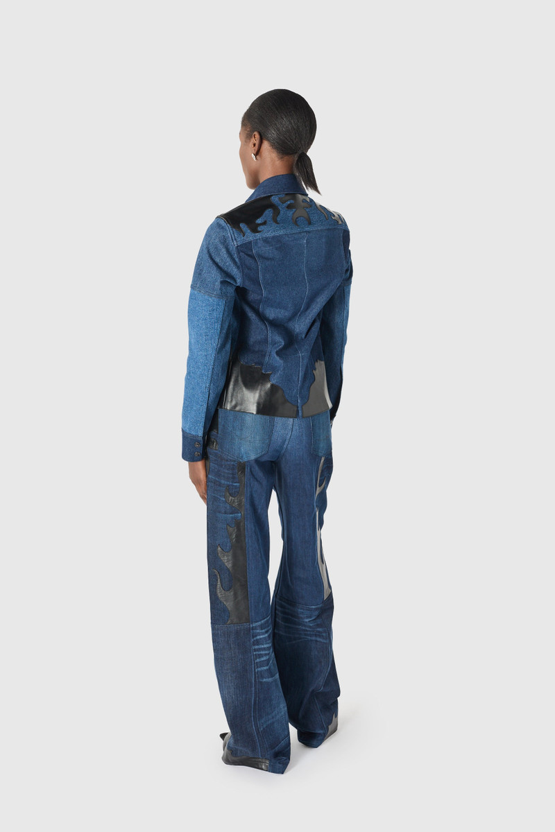 Upcycled denim trucker jacket with leather patches 6