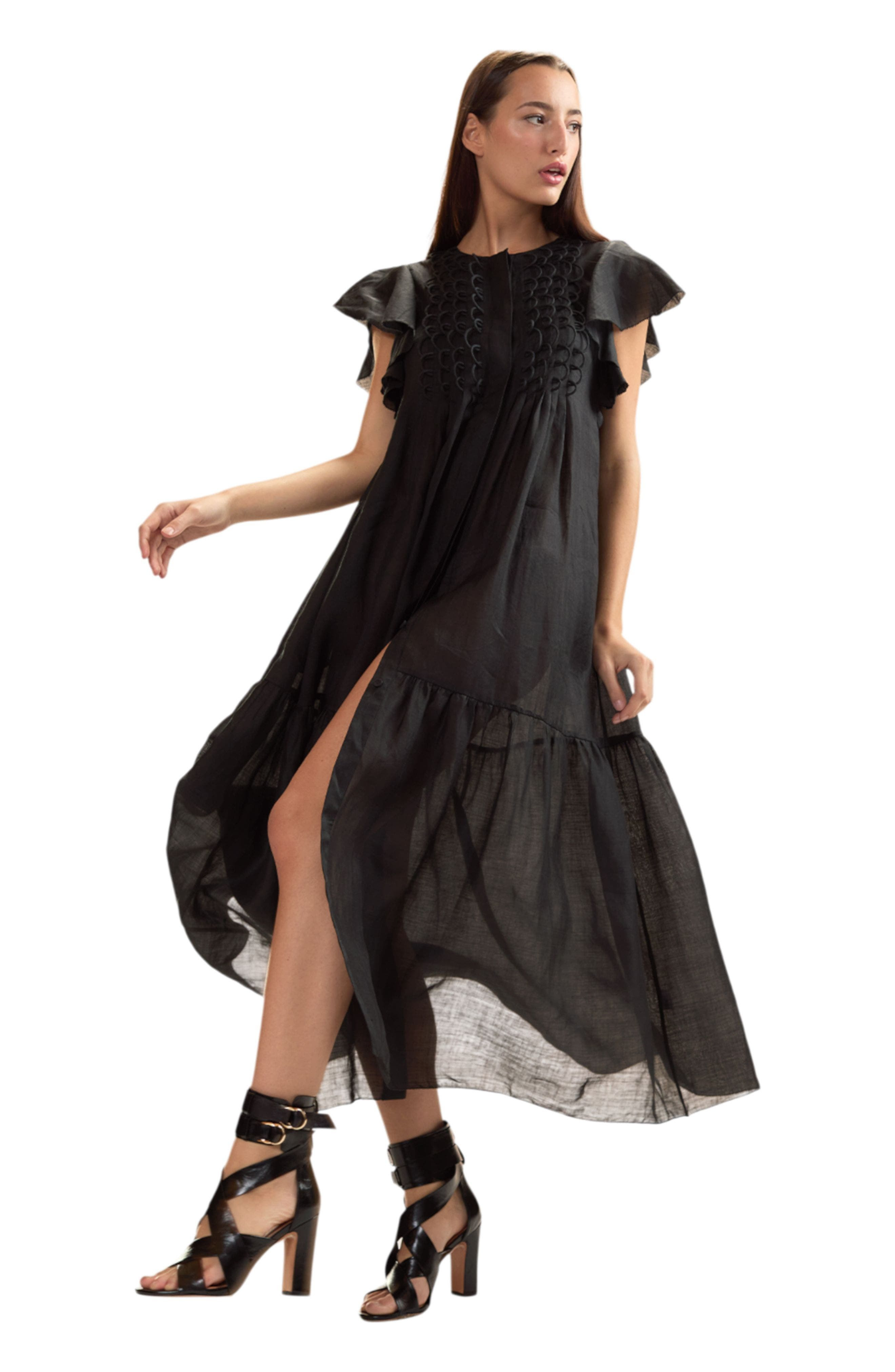 Cynthia Rowley Ramie Midi Pintuck Kaftan in Black at Nordstrom - 2