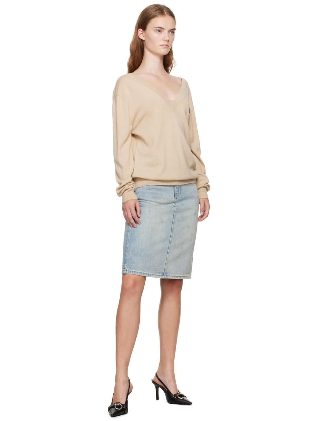 Beige Deep V-Neck Sweater - 4
