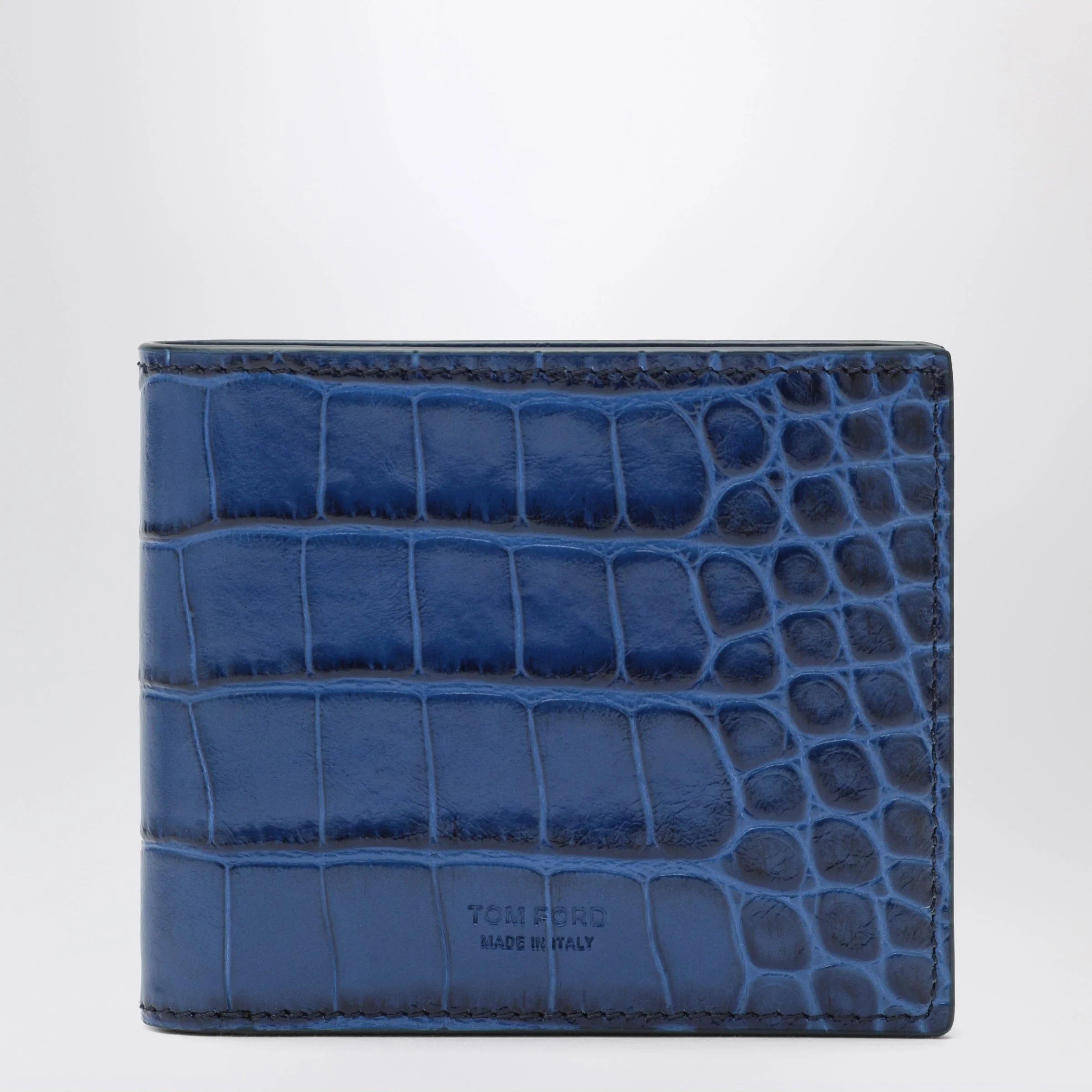 Bifold wallet in blue glossy crocodile-effect leather - 1