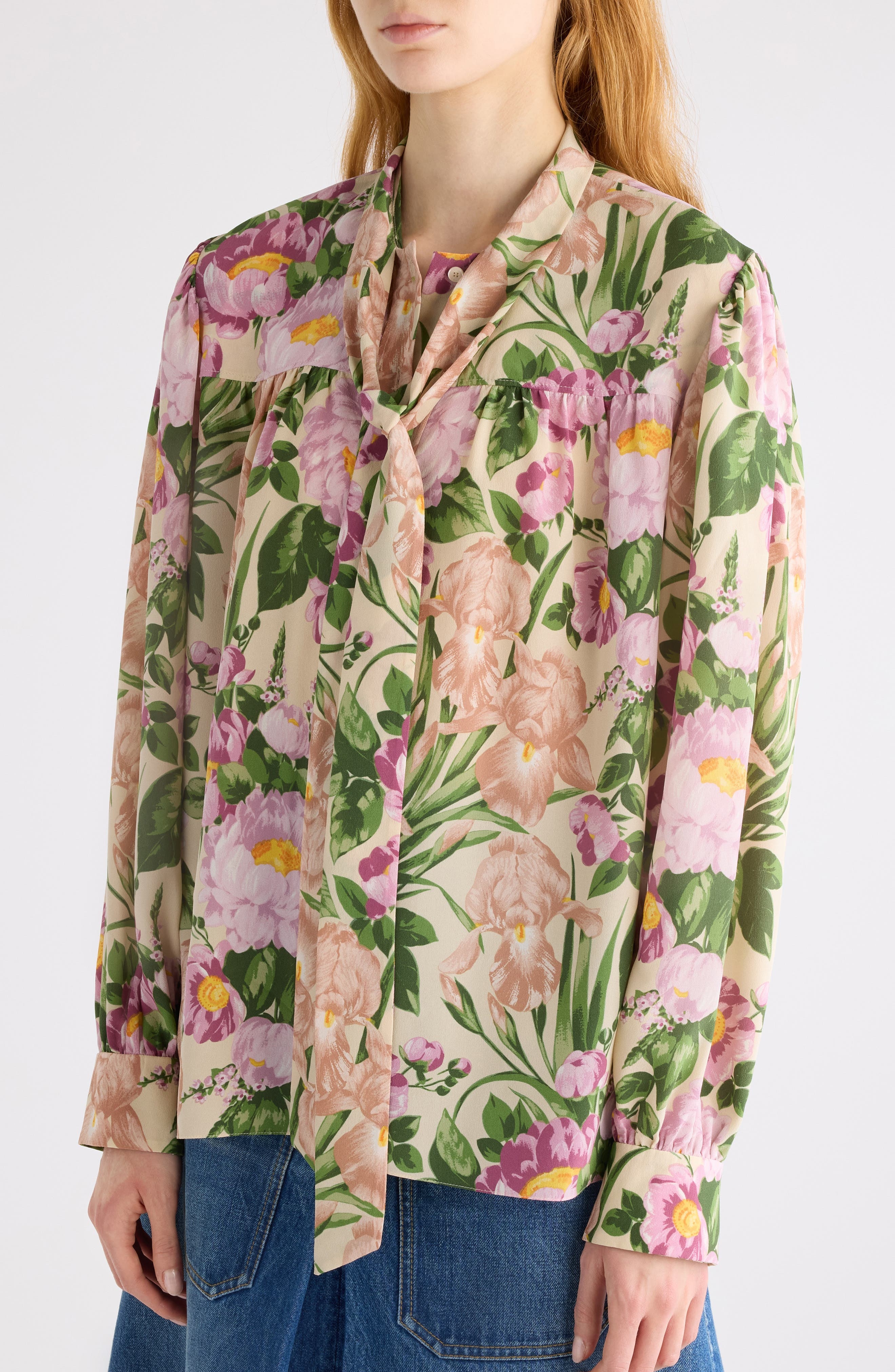 Chloé Floral Print Silk Charmeuse Top in Macadamia Brown at Nordstrom - 5