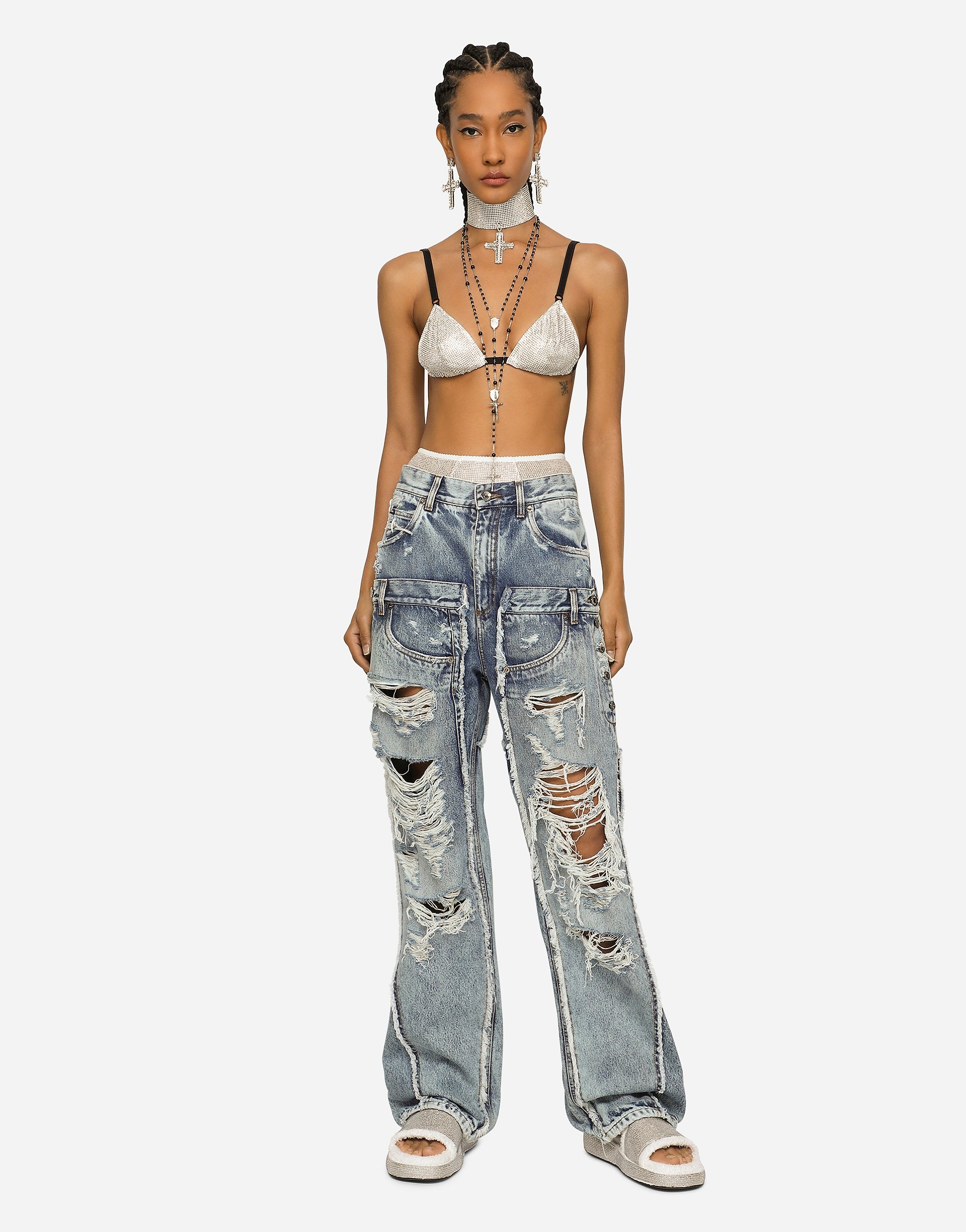 Patchwork denim jeans with ripped details - 6