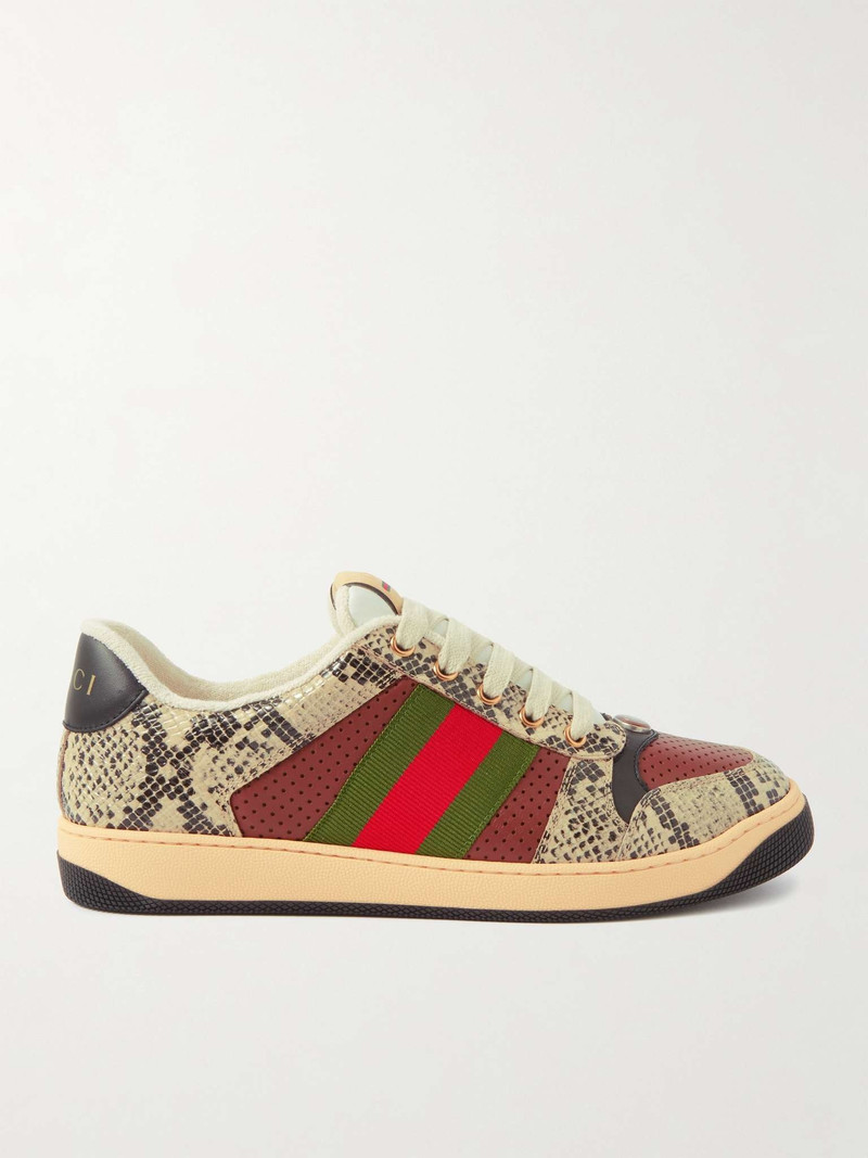 Screener Webbing-Trimmed Snake-Effect and Perforated Leather Sneakers - 1