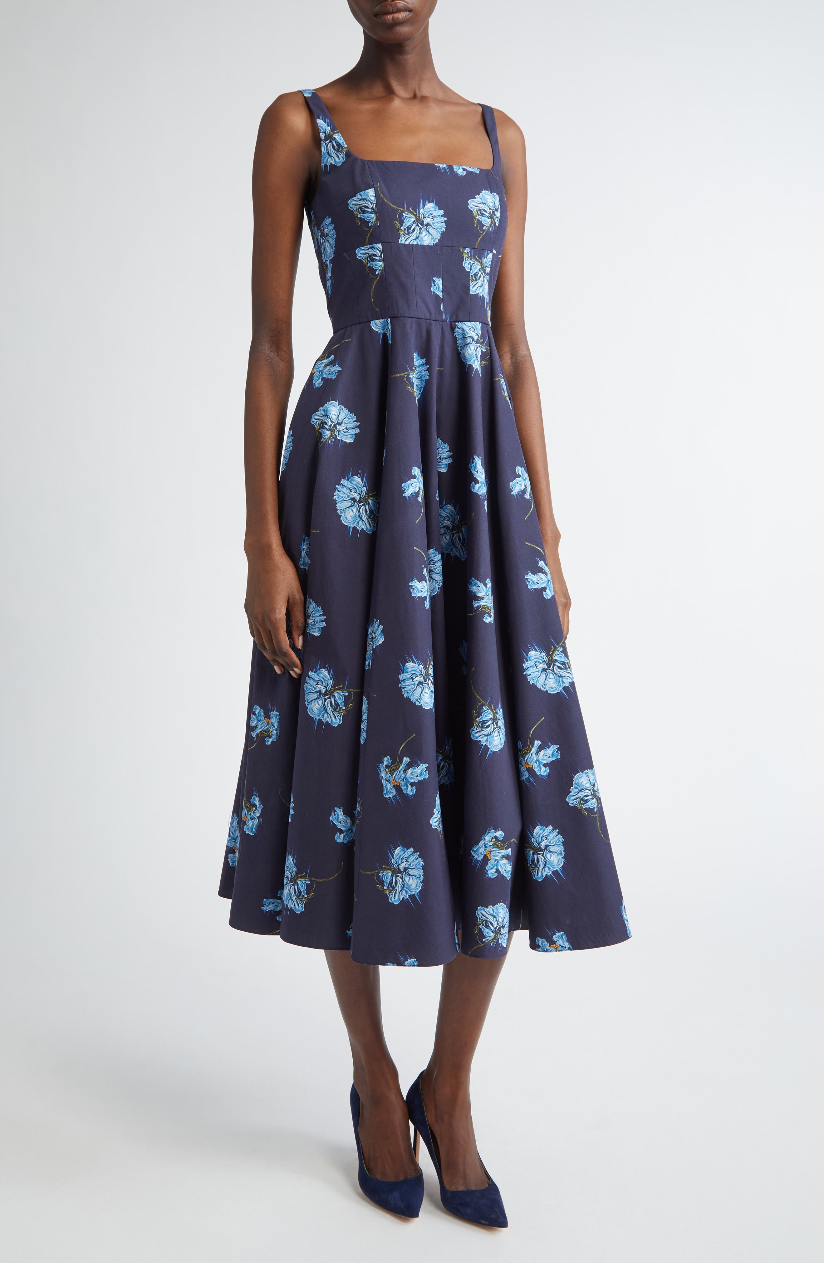 Emilia Wickstead Mona Floral Cotton Poplin Midi Sundress in Blue Flowers On Navy at Nordstrom - 1