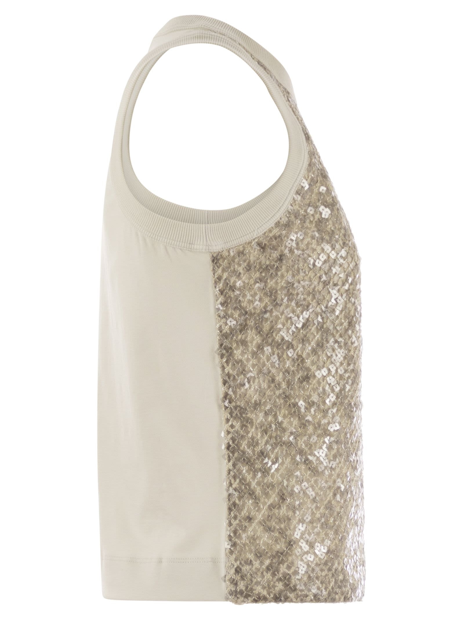 Brunello Cucinelli Women Stretch Cotton Jersey Top With Dazzling Net Embroidery - 3