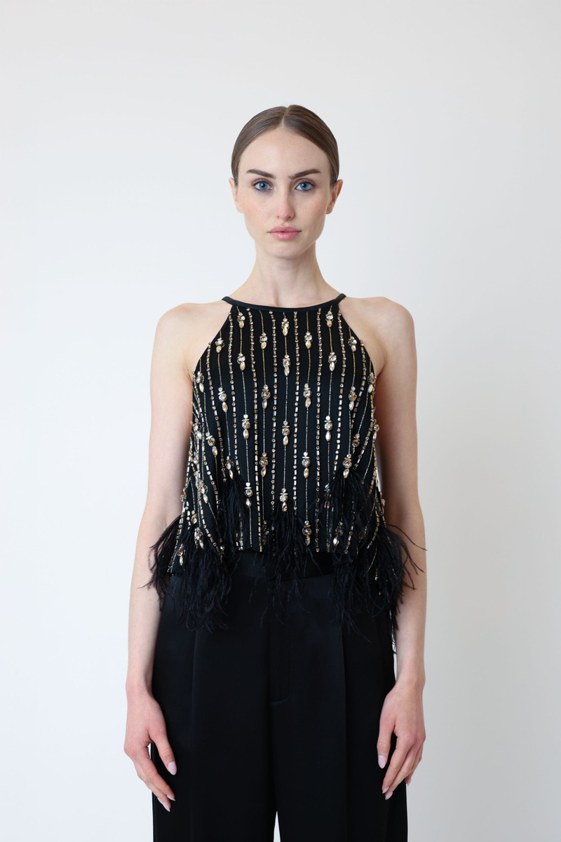 LAPOINTE Satin Crop Halter Cami With Deco Stripe Embroidery outlook