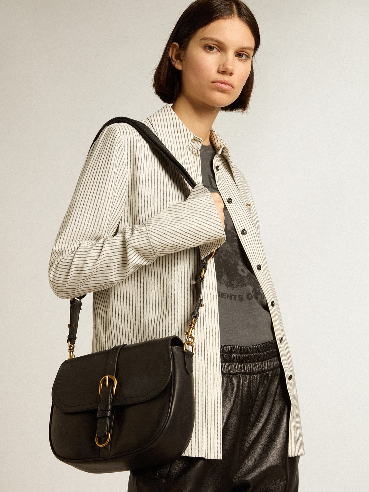Medium Sally Bag in black leather with buckle and shoulder strap - 3