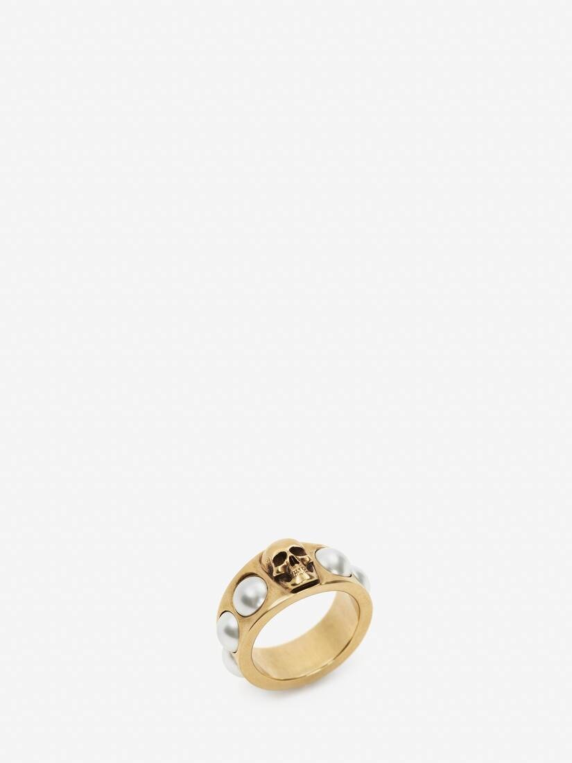 Women's Pearl Skull Ring in Antique Gold - 2