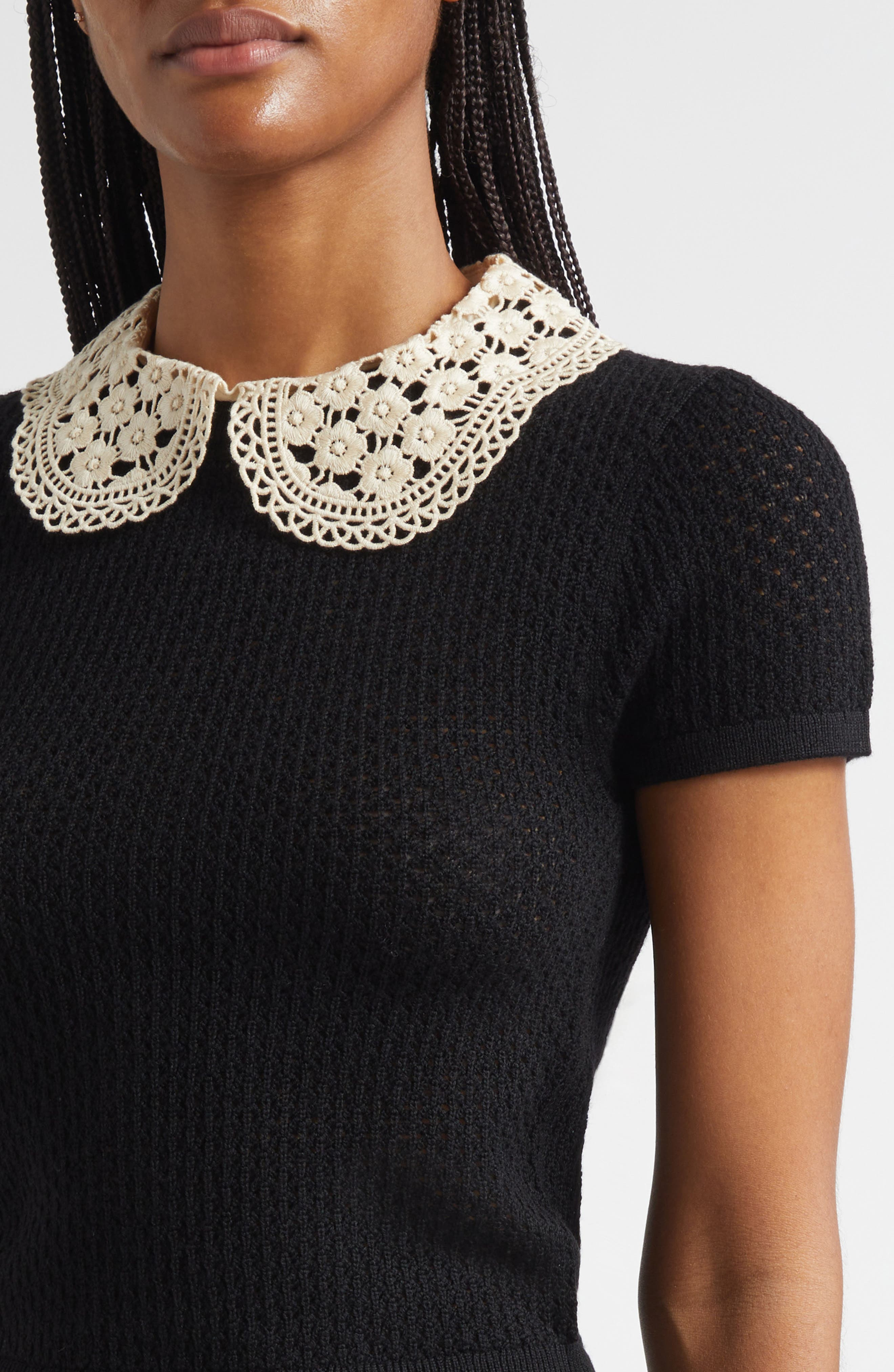 Alice + Olivia Ciara Lace Collar Short Sleeve Wool Blend Sweater in Black at Nordstrom - 5