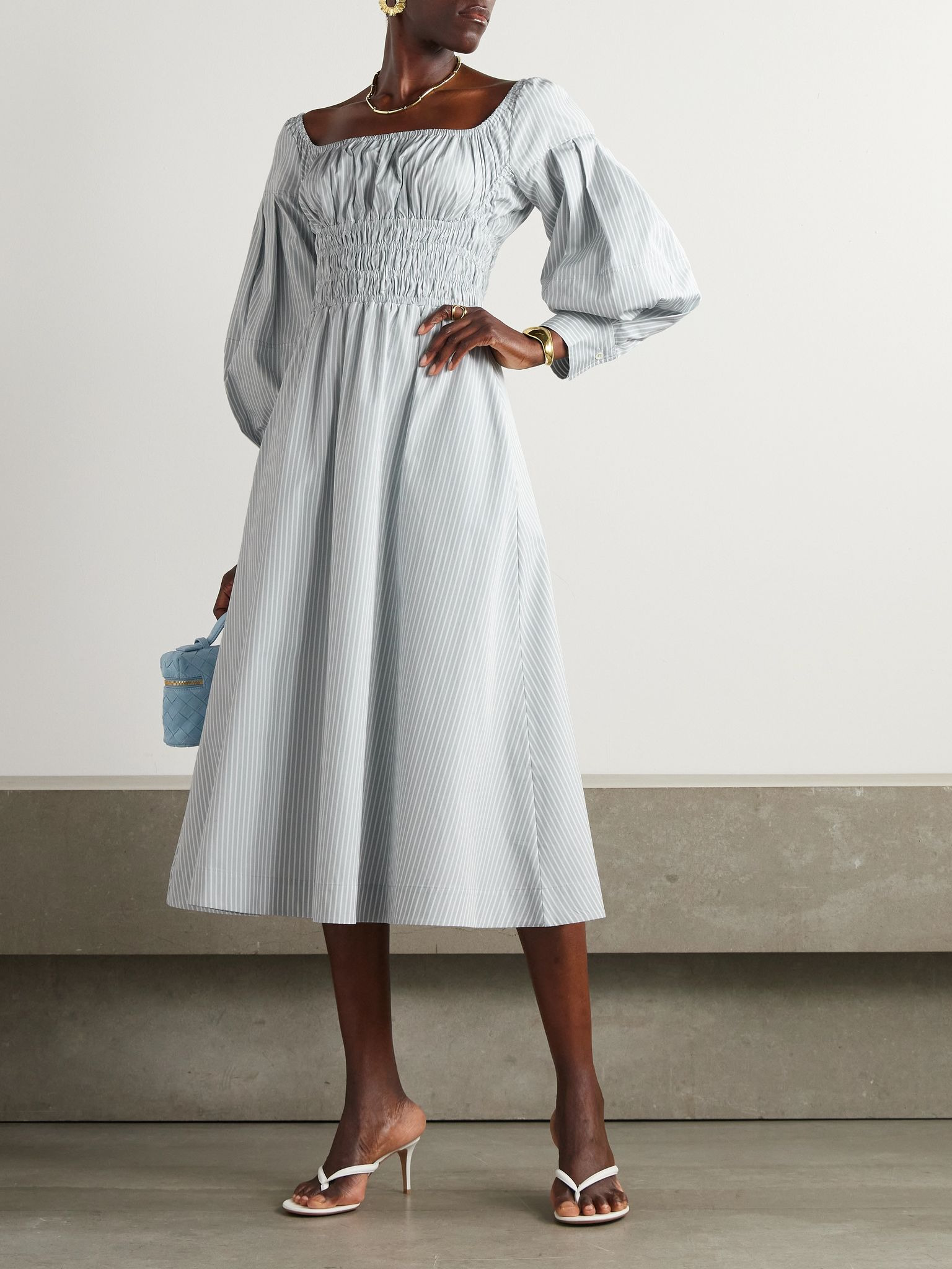 Josie shirred striped cotton-poplin midi dress Light blue - 2