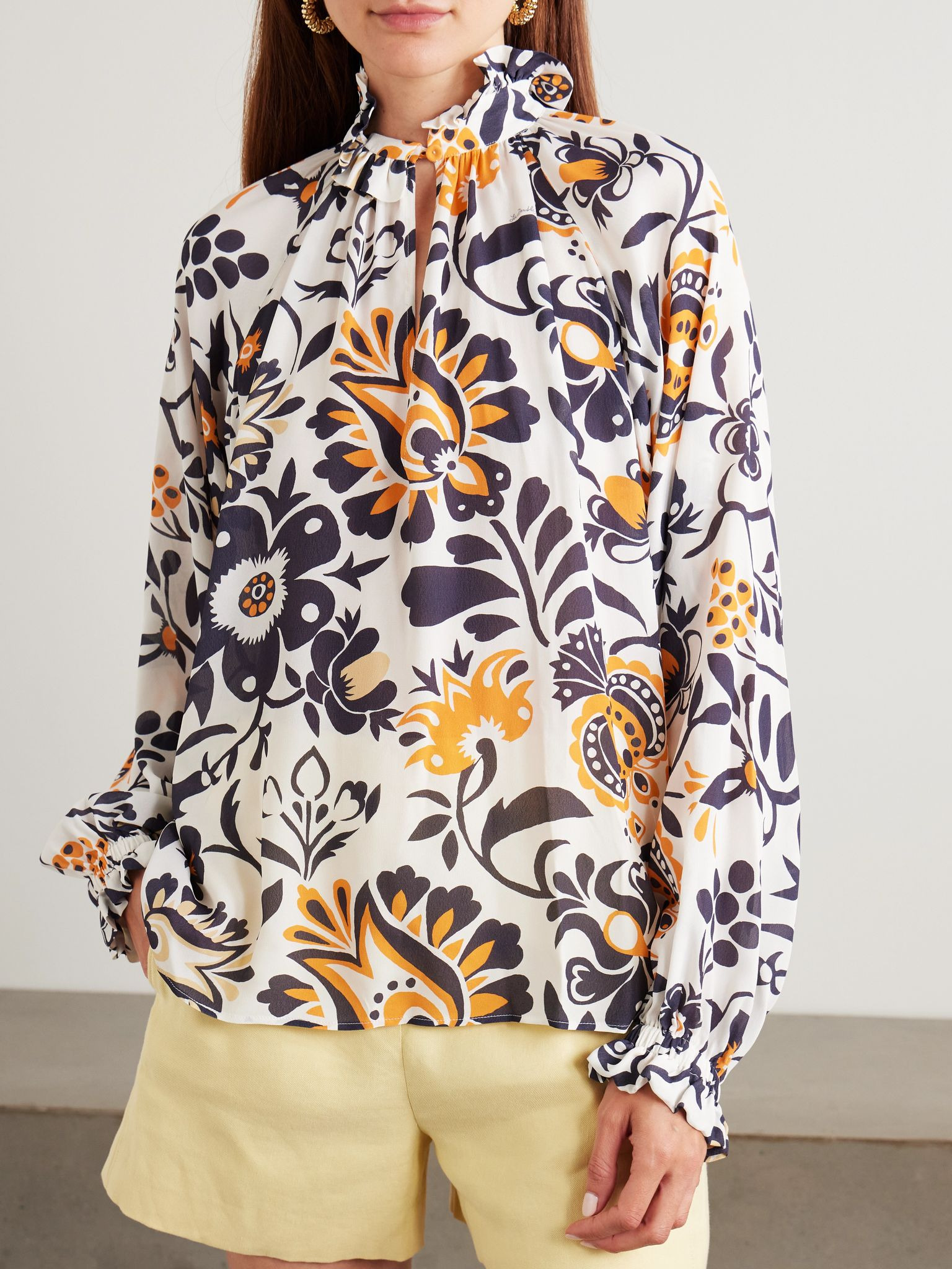 Cerere ruffled tie-detailed printed crepe blouse White - 3