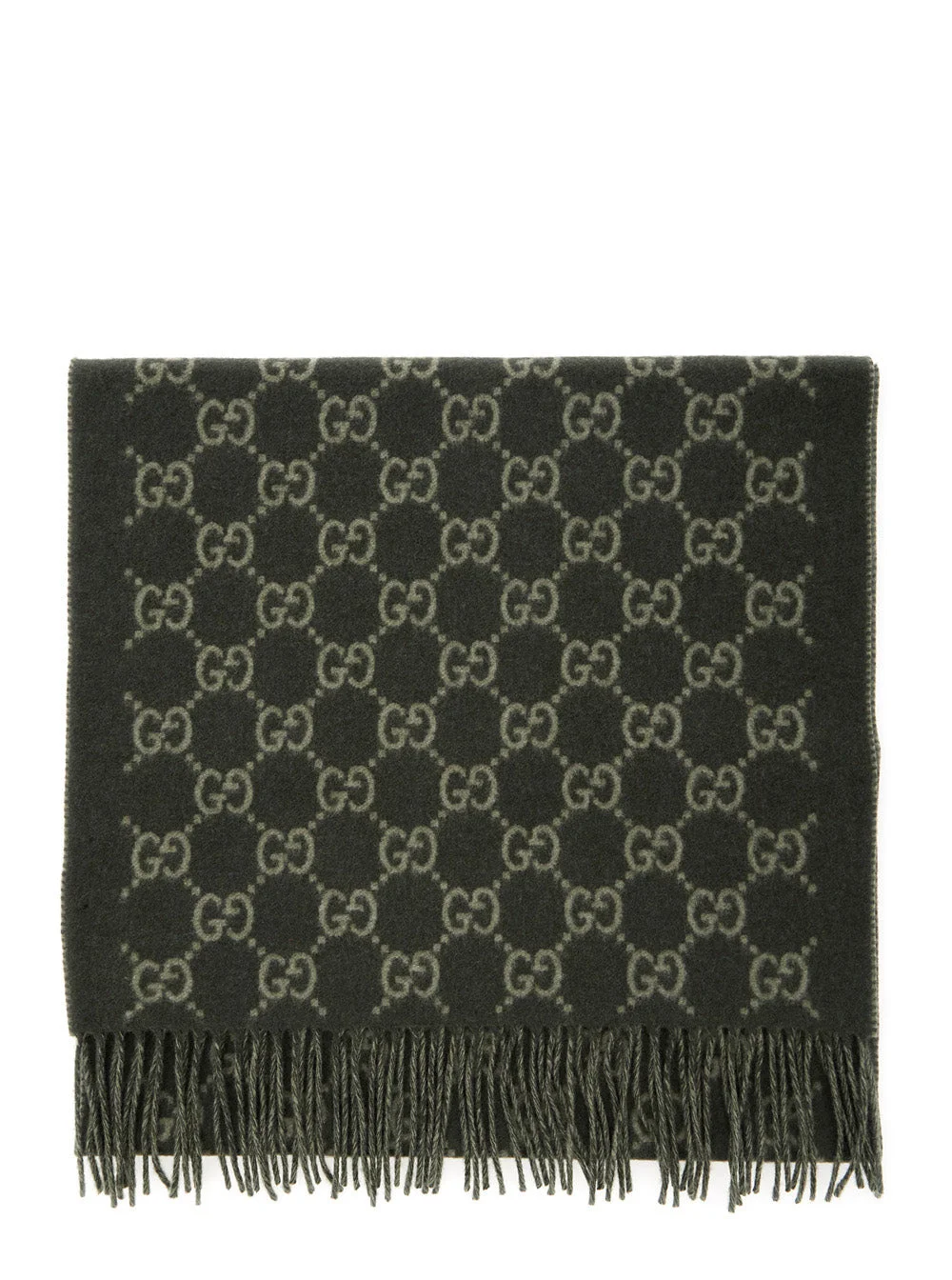 Gucci Men Green Scarf With Fringed Hem And Gg Motif Jacquard In Cashmere Man - 1