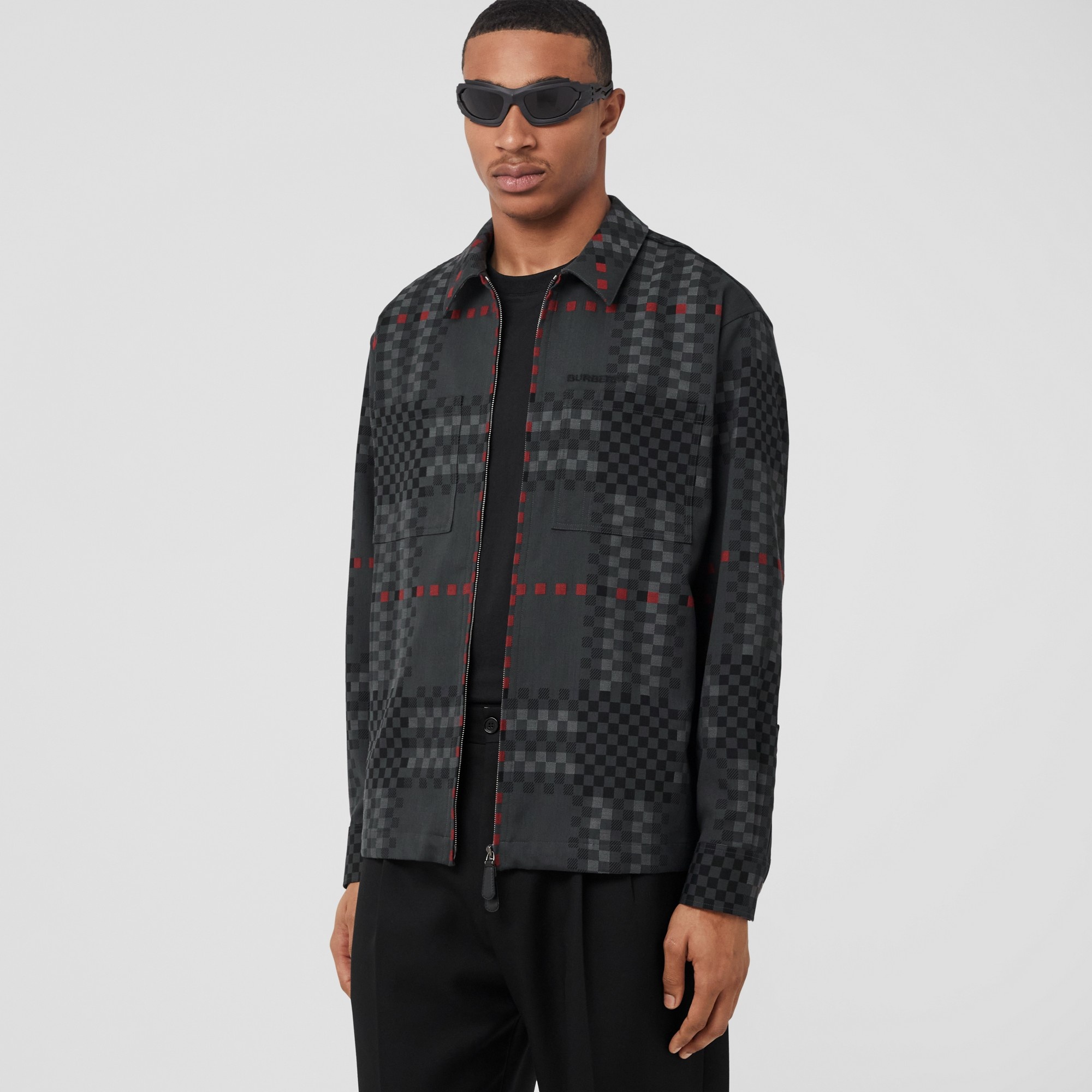 Pixel Check Wool Cotton Blend Zip-front Shirt - 5