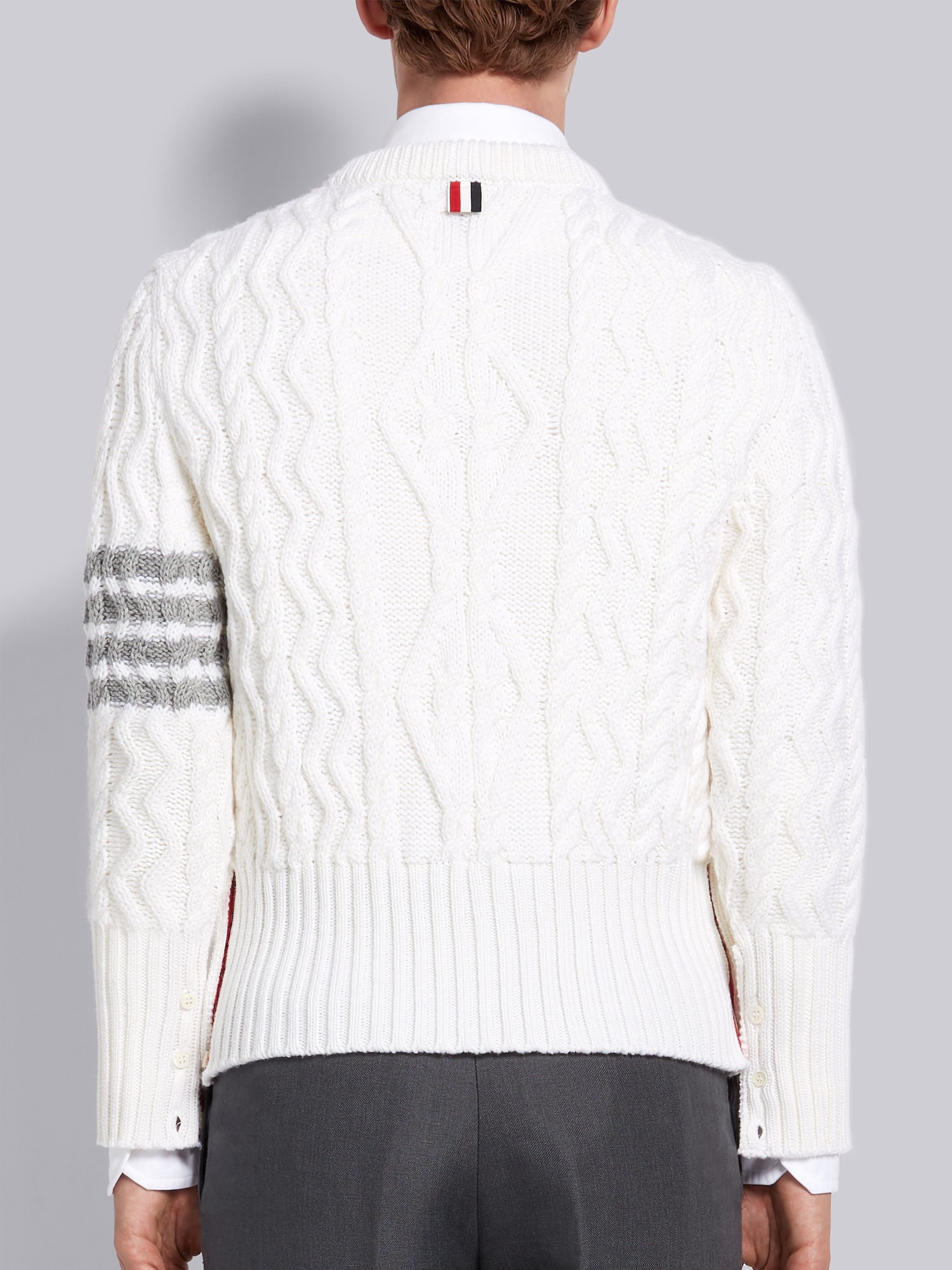 White Fine Merino Wool Aran Cable 4-Bar Classic Crewneck Pullover - 3