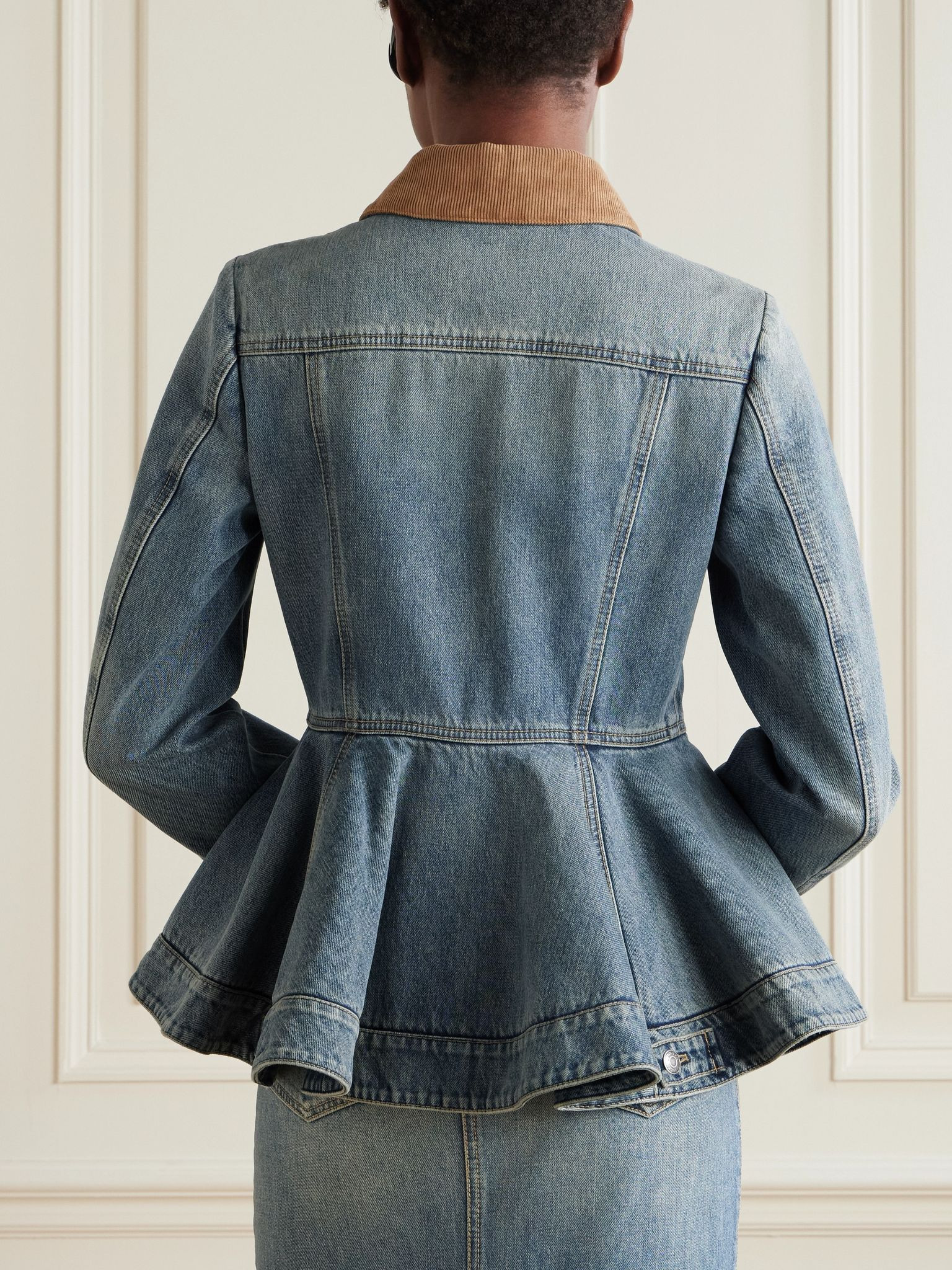 Corduroy-trimmed denim peplum jacket Indigo - 4