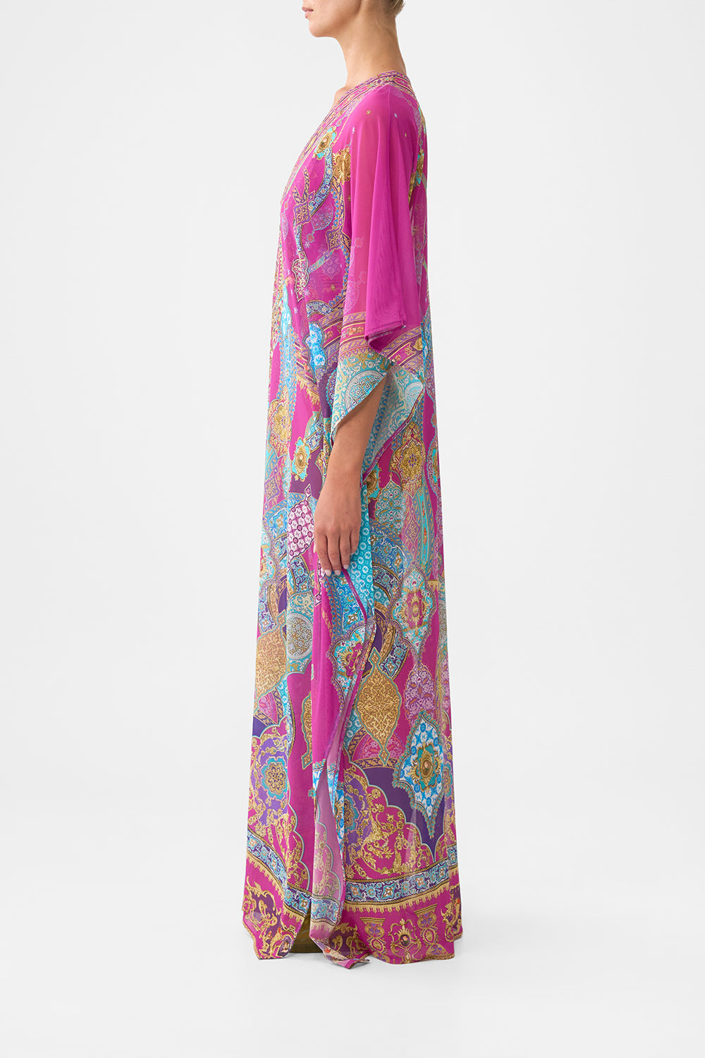 LONG V NECK KAFTAN WITH RING FRONT TRIM - 4