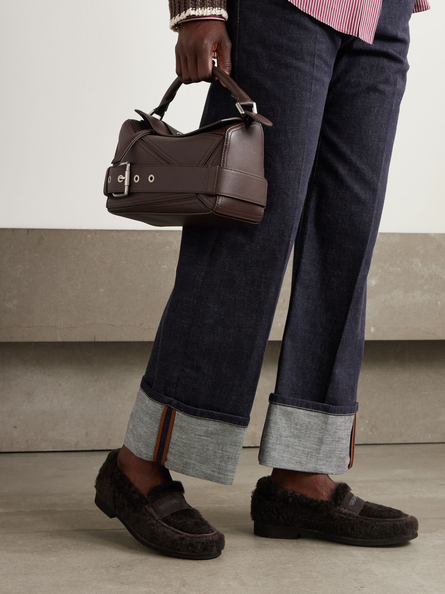 Bead-embellished suede-trimmed shearling loafers Brown - 2