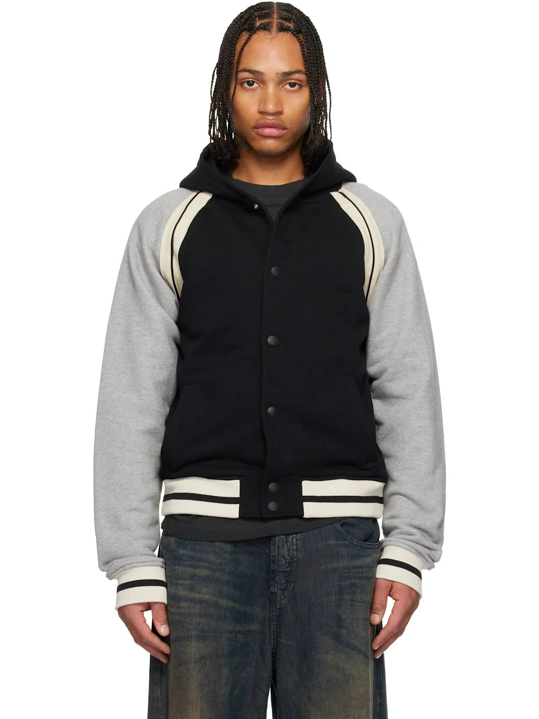 Black & Gray Curved Logo Varsity Jacket - 1
