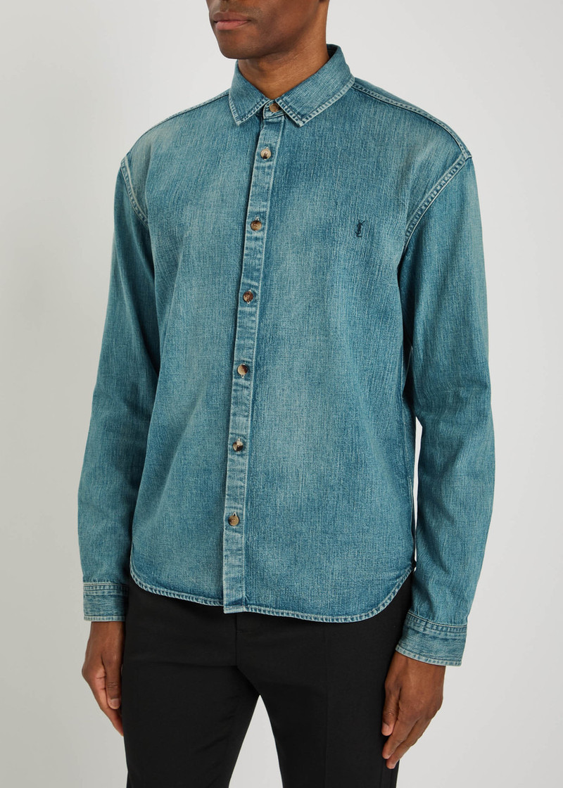 SAINT LAURENT Saint Laurent Logo-embroidered Faded Denim Shirt outlook