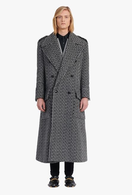 Long ivory and black Balmain monogram wool coat - 4