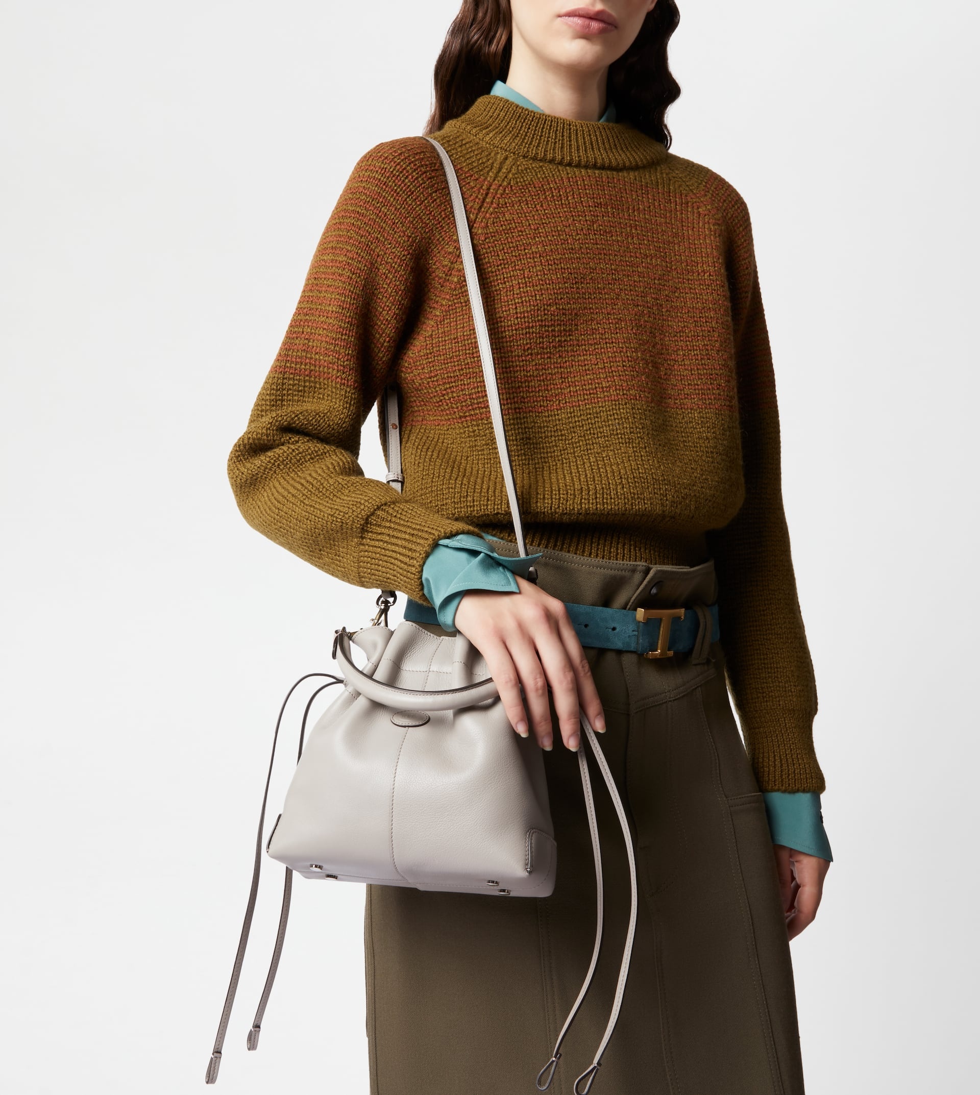 TOD'S DI BAG BUCKET BAG IN LEATHER MINI WITH DRAWSTRING - GREY - 8