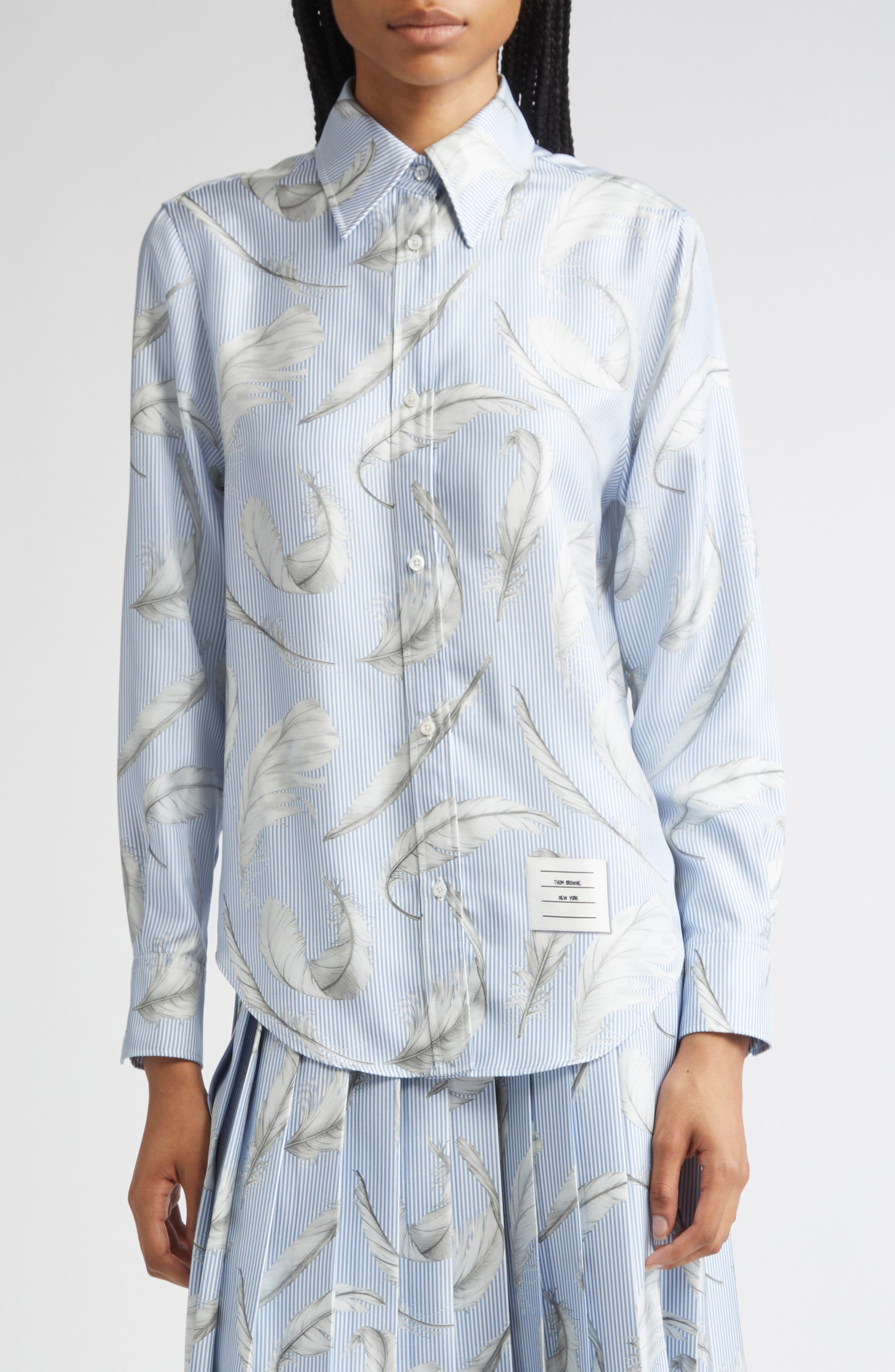 Thom Browne Feather Print Stripe Silk Button-Up Shirt in Light Blue at Nordstrom - 1