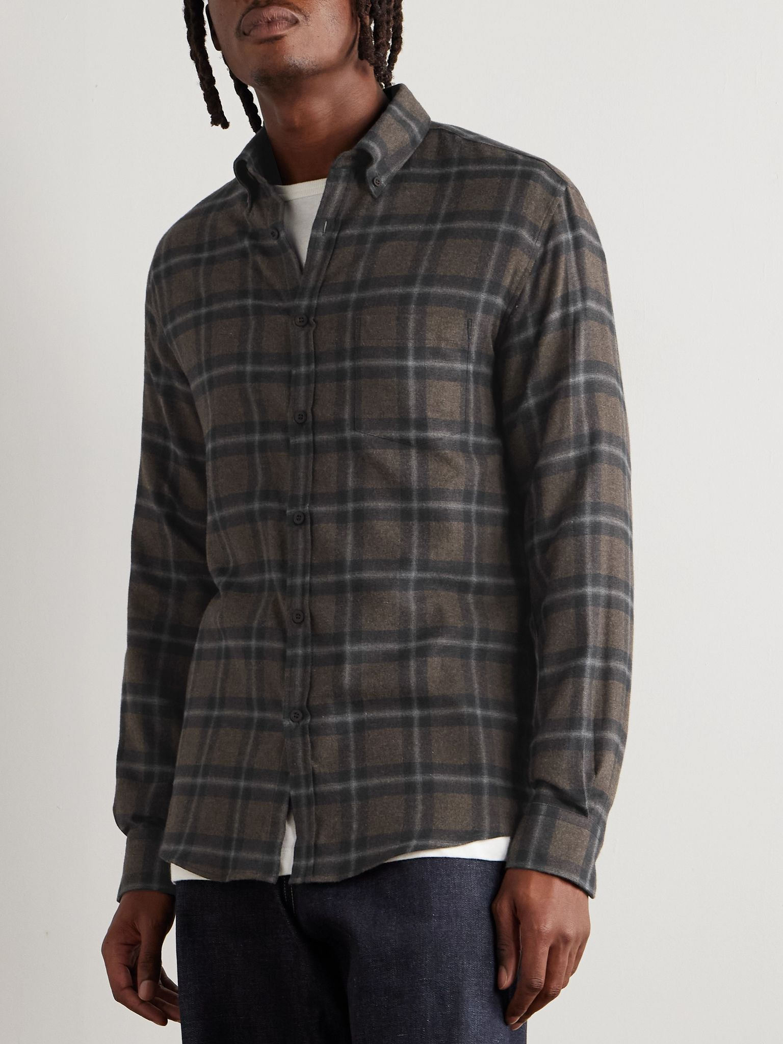 Button-Down Collar Checked Brushed Cotton-Flannel Shirt Brown - 3