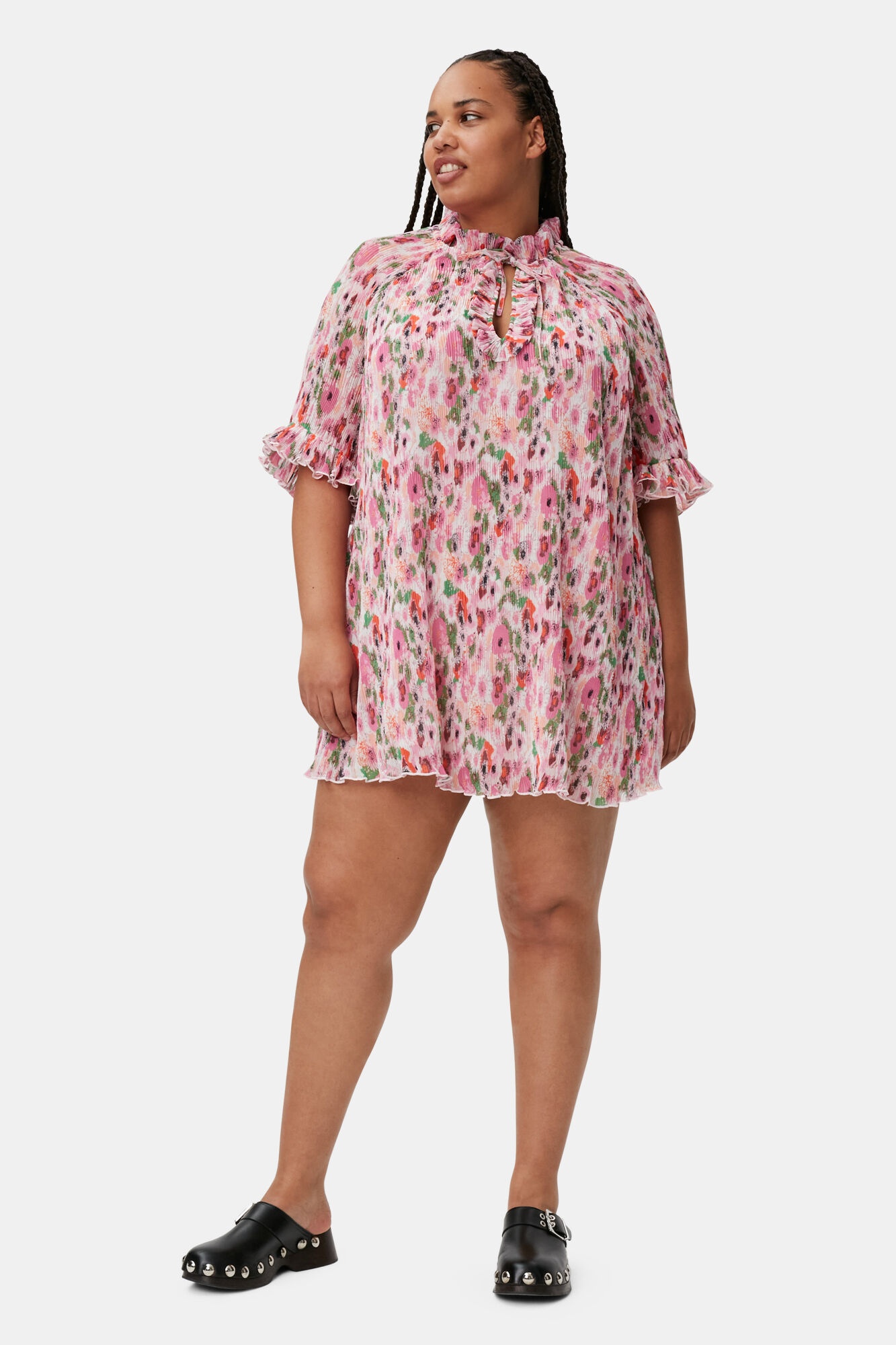 PLEATED GEORGETTE RUFFLE MINI DRESS - 2