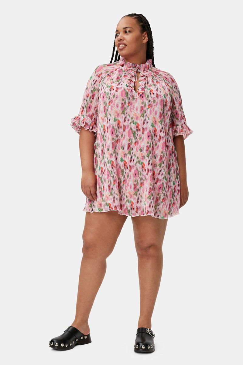 GANNI PLEATED GEORGETTE RUFFLE MINI DRESS outlook