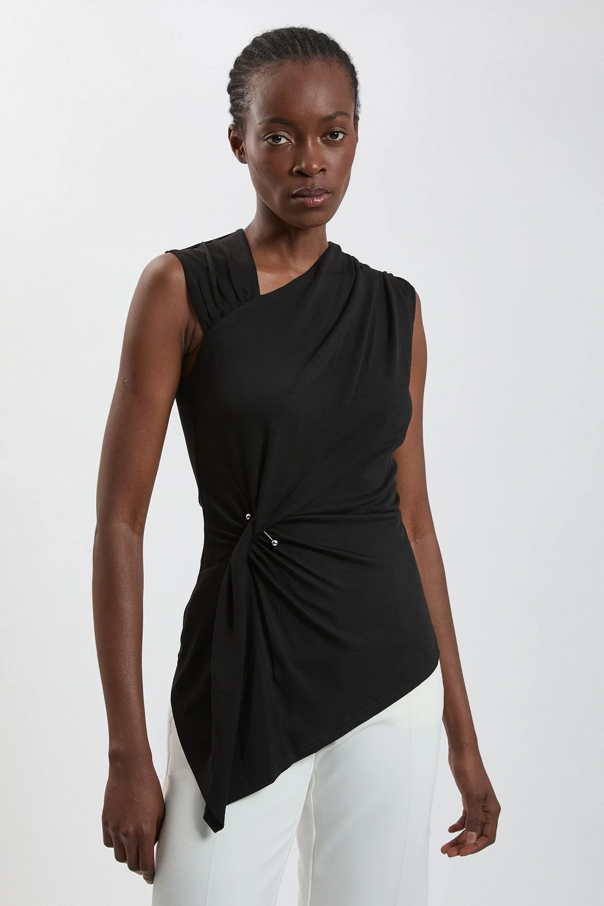Viscose Metal Clasp Detail Jersey Top With Asymmetrical Hem - 1