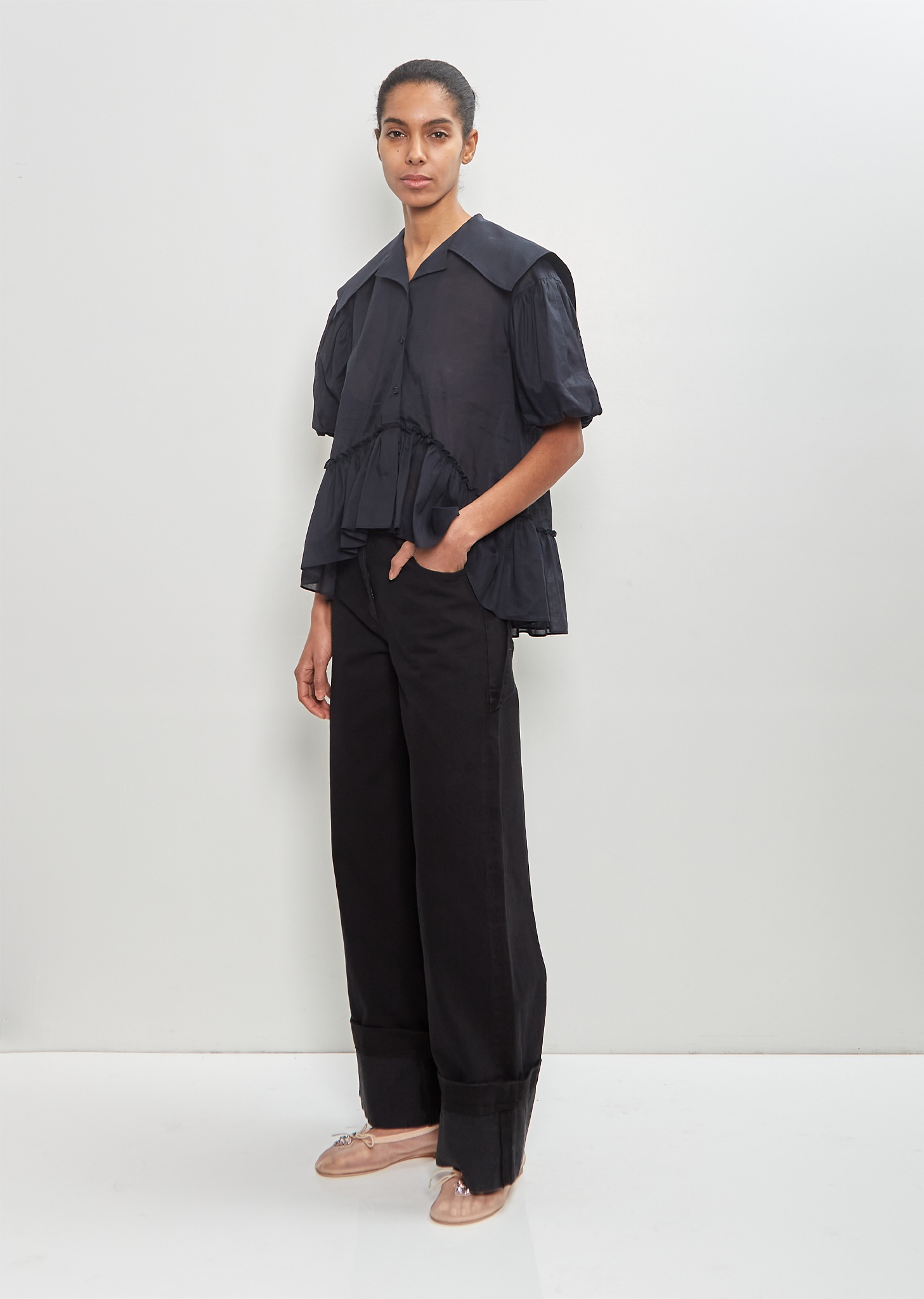 Ramie Cotton Sailor Collar Puff Sleeve Shirt - 5