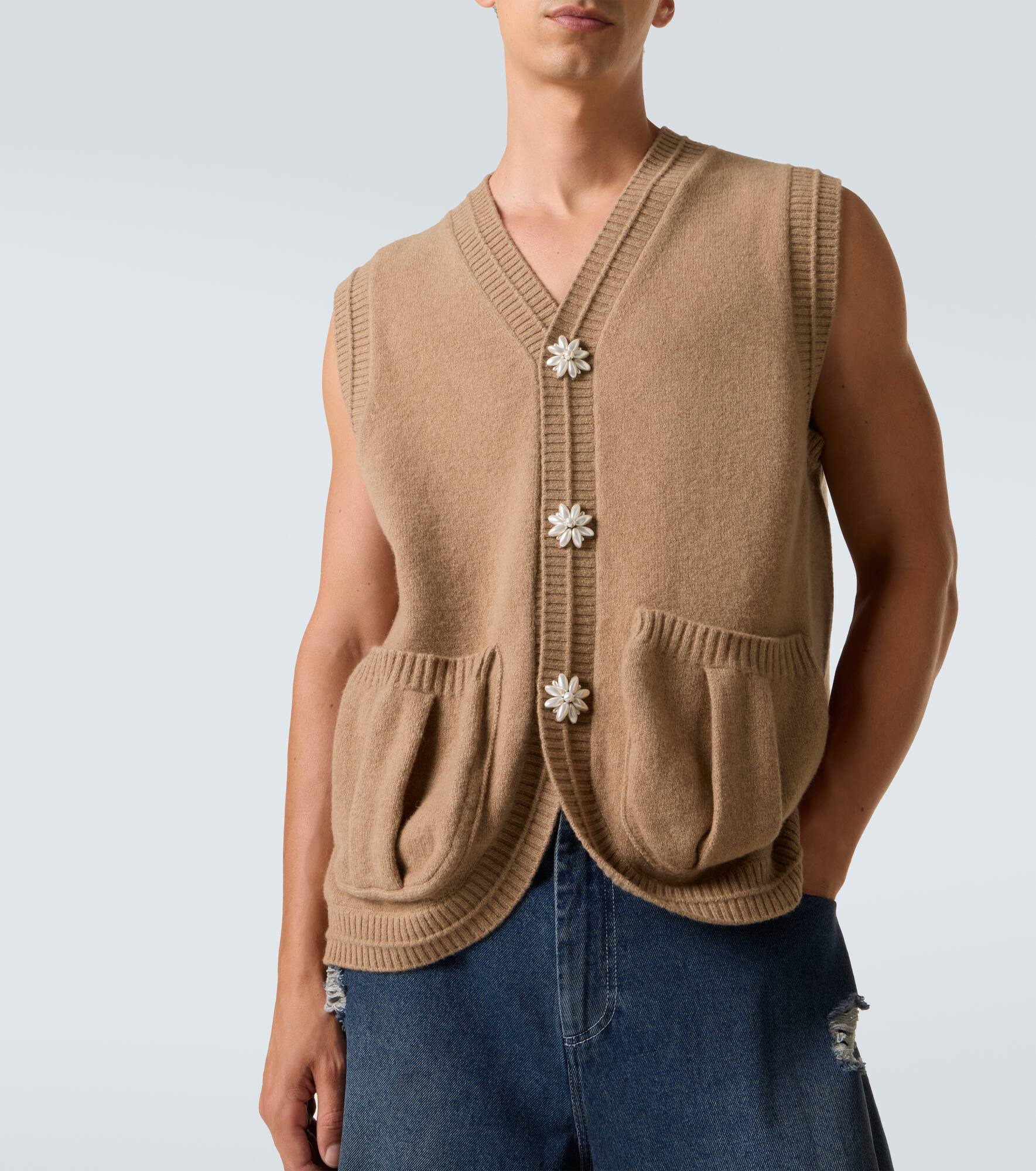 Faux pearl-embellished wool-blend vest - 5