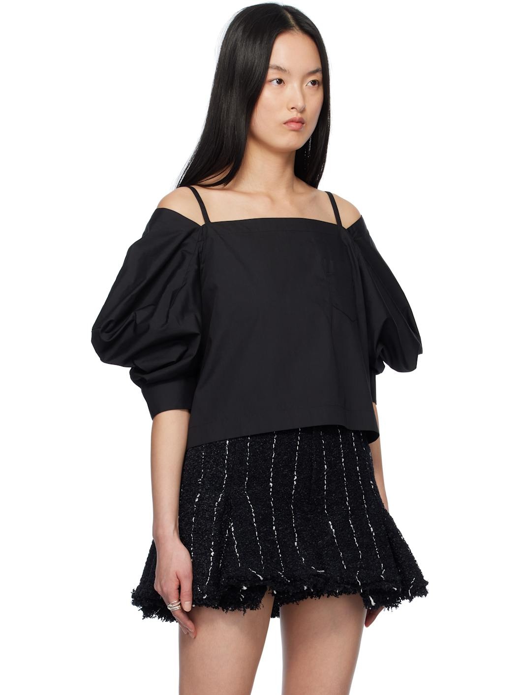 Black Cotton Poplin Pullover Blouse - 2