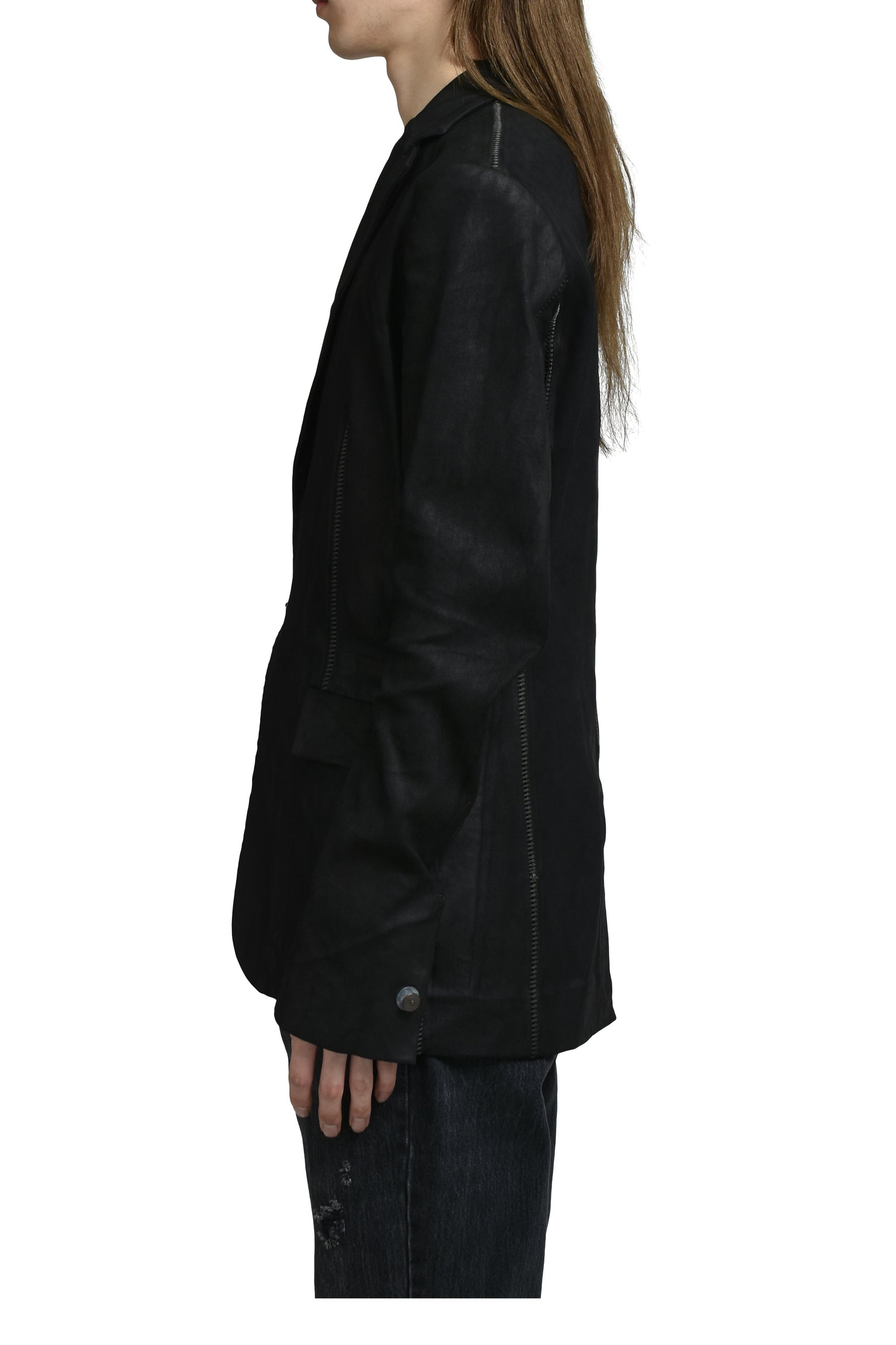 "PIONNIER"STRETCH LEATHER CLASSIC BLAZER / NOIR - 3