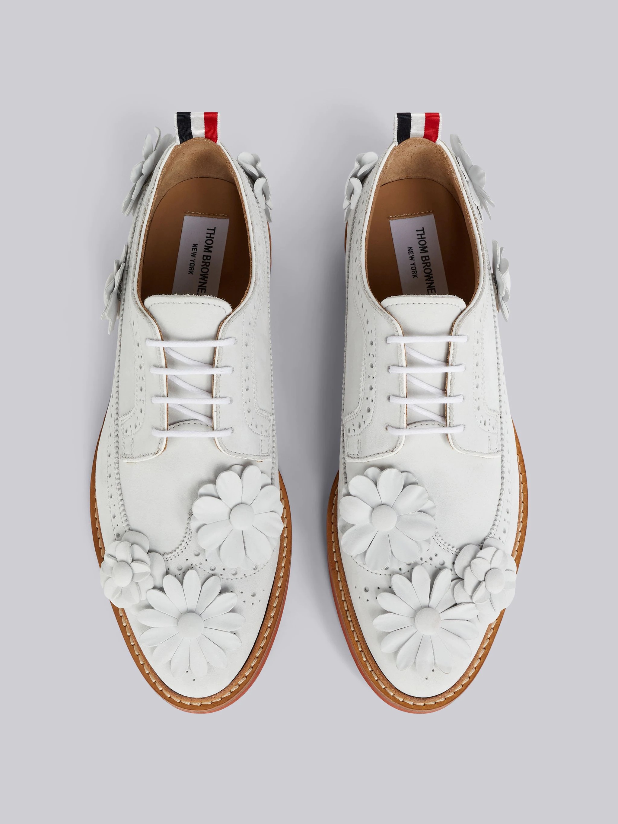White Fine Kid Suede Floral Applique Micro Sole Longwing Brogue - 4