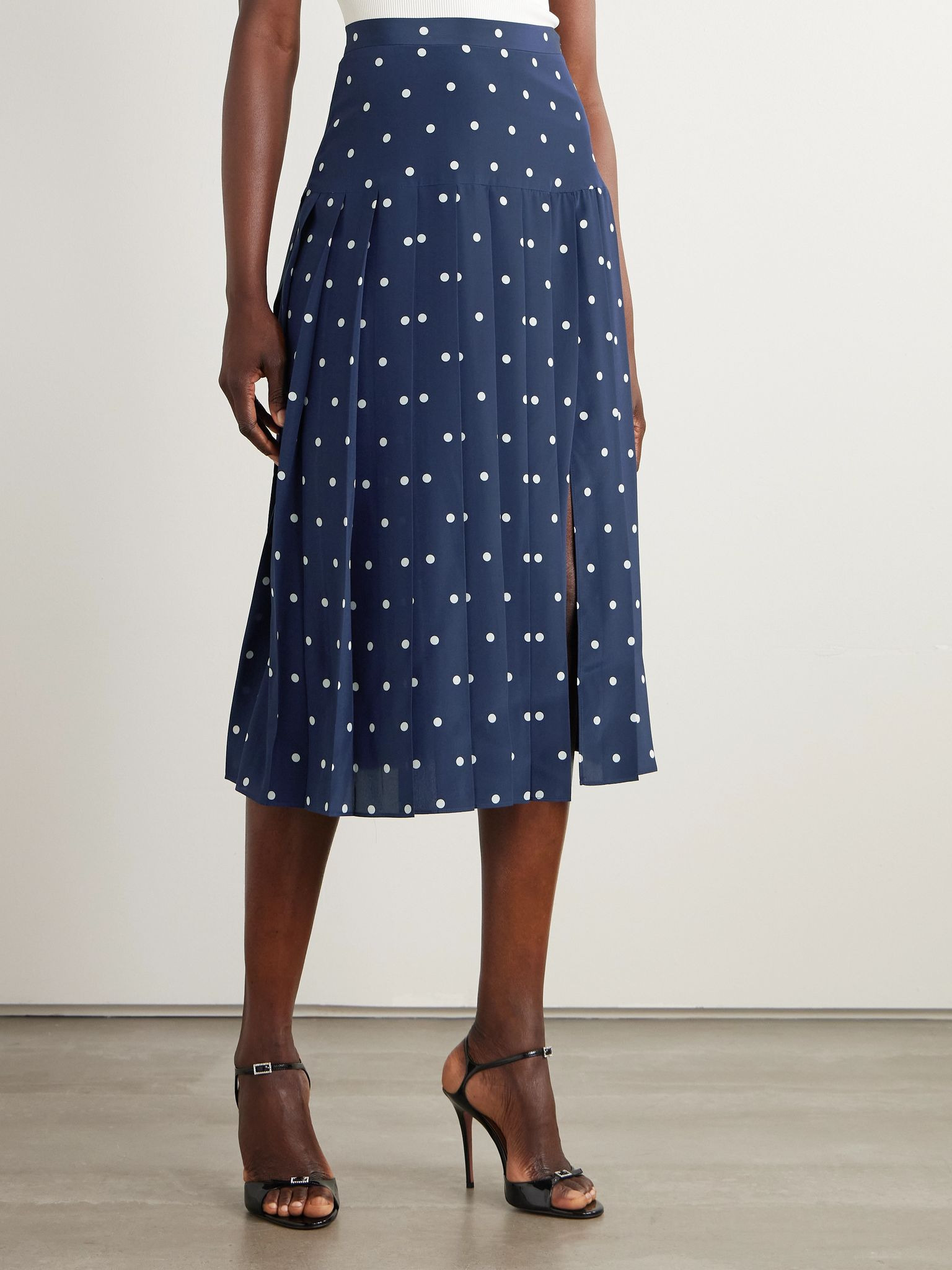 Pleated polka-dot silk midi skirt Navy - 3
