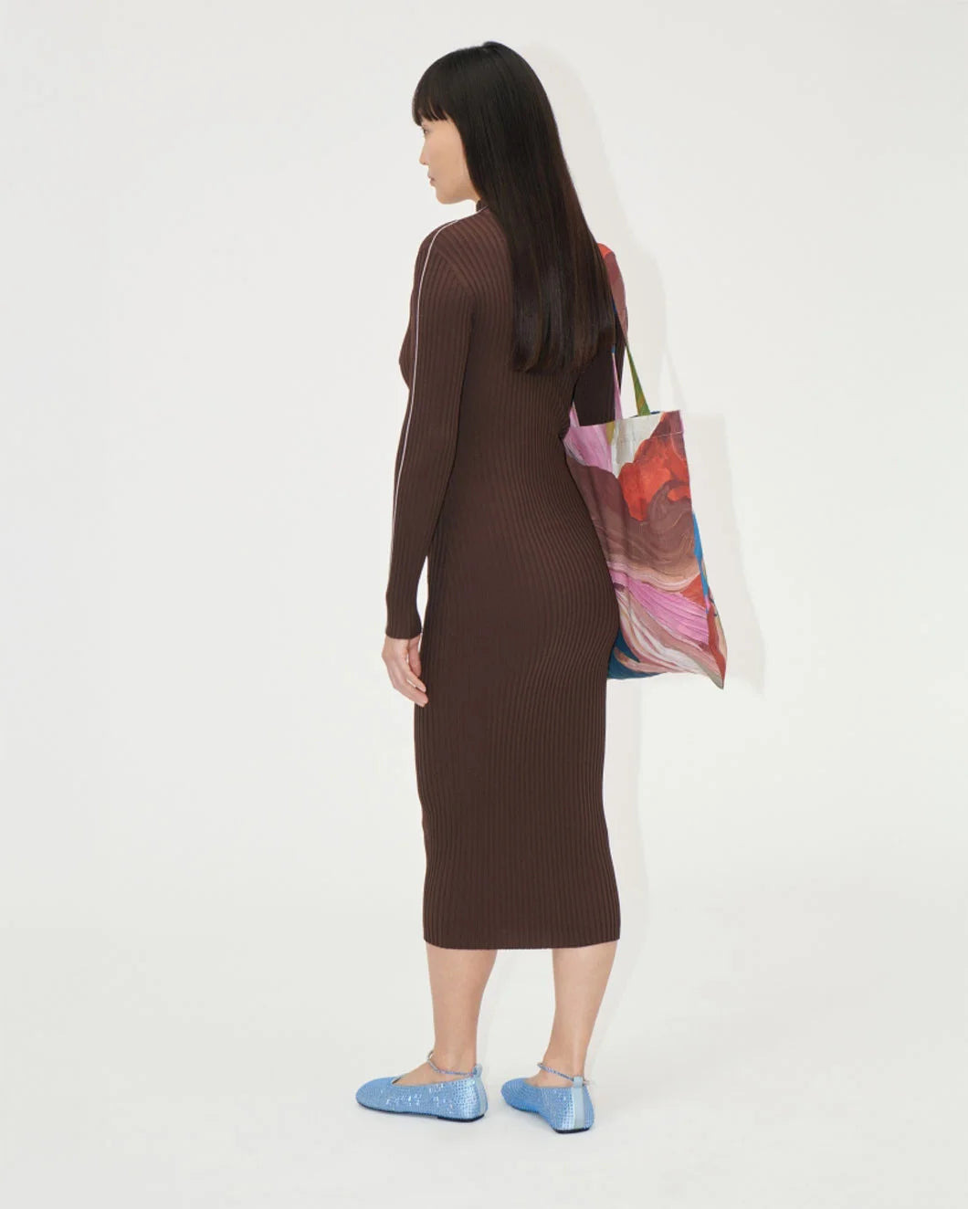 LONG SLEEVE TURTLENECK KNIT DRESS COFFEE BROWN - 3