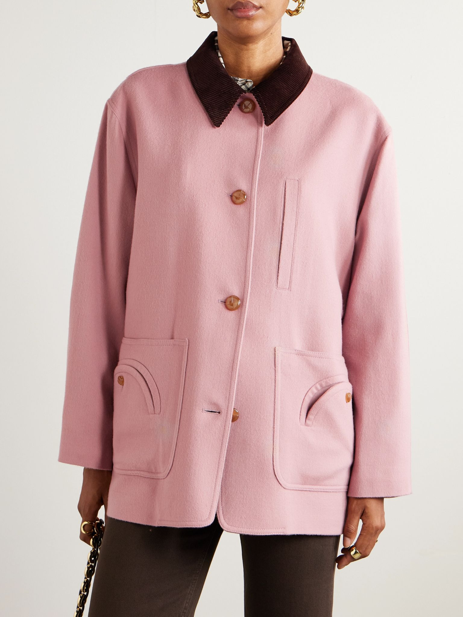 Mystere Clelia corduroy-trimmed wool and cashmere-blend jacket Pink - 3