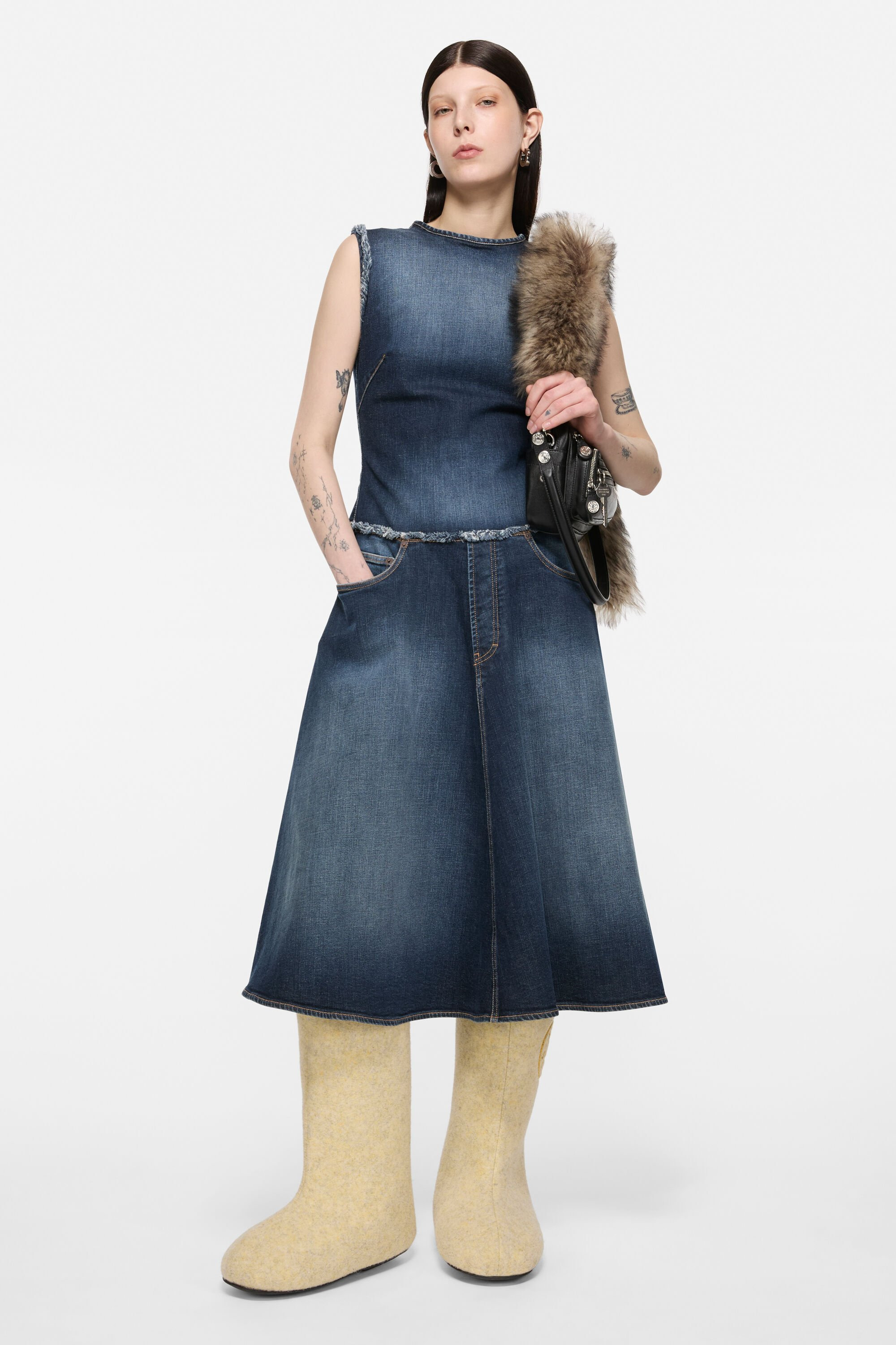 Layered denim midi dress - Dark Blue - 2