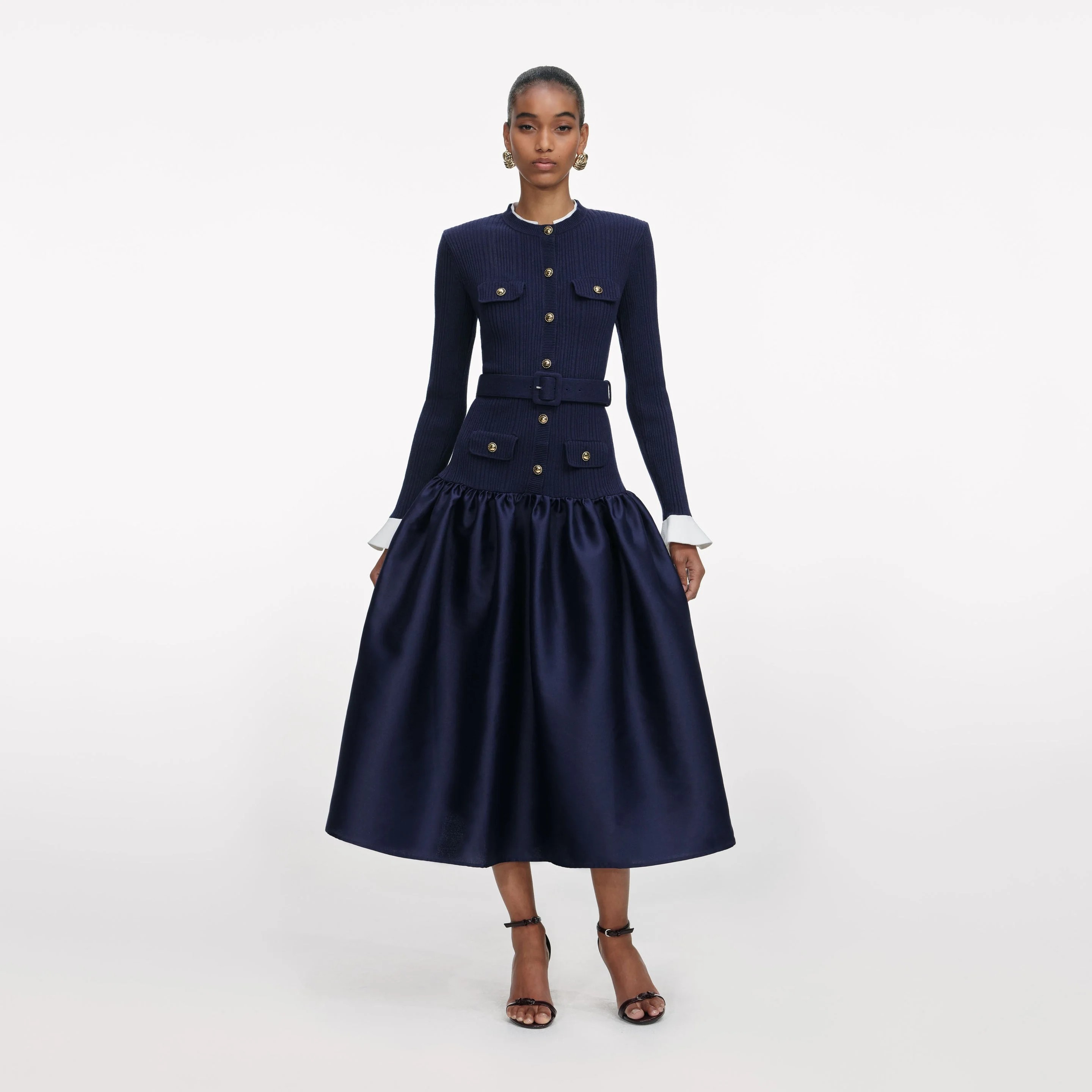 Navy Knit Taffeta Midi Dress - 1