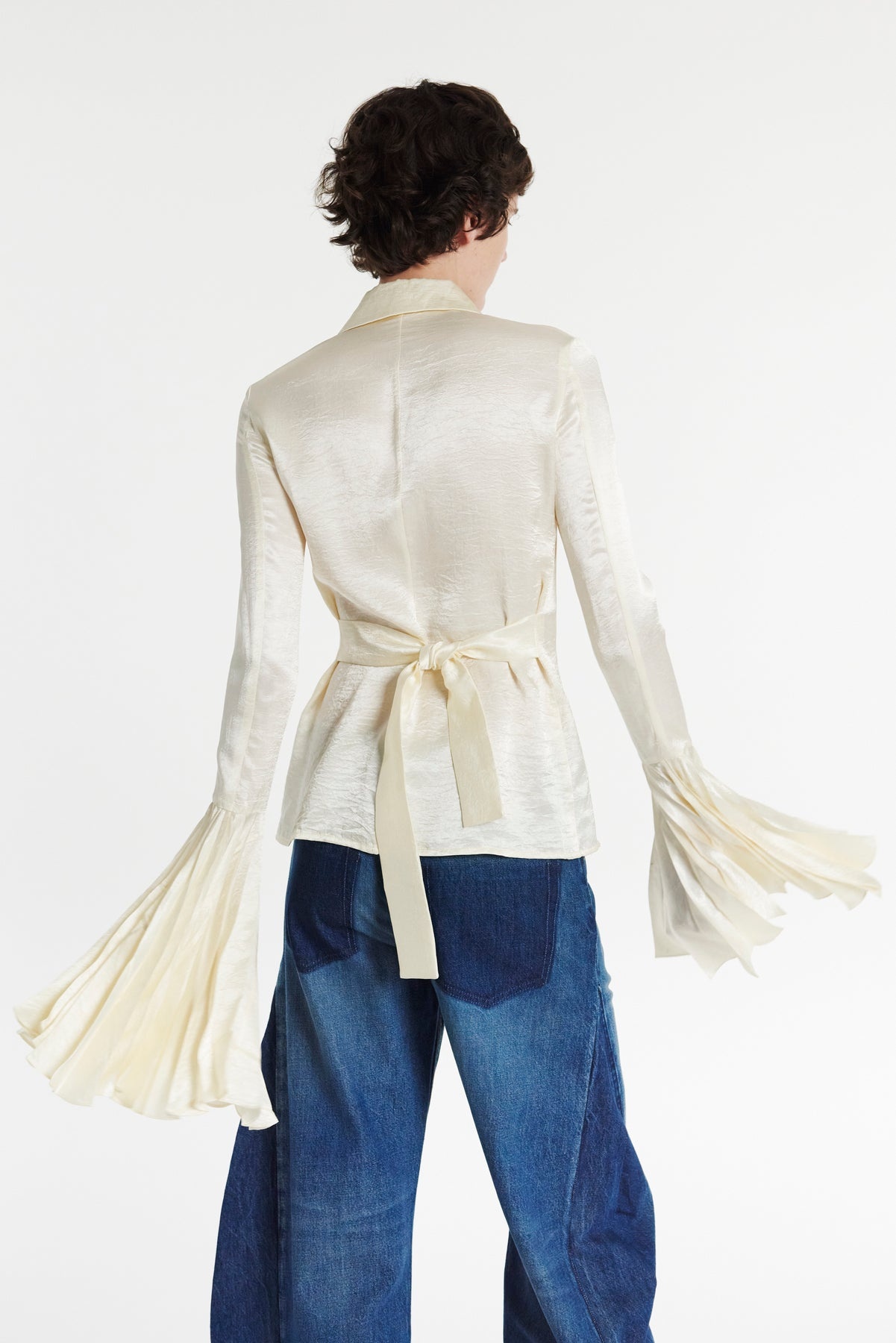SATIN SHIRT WITH PLEATED BELL SLEEVES IVORY - 4